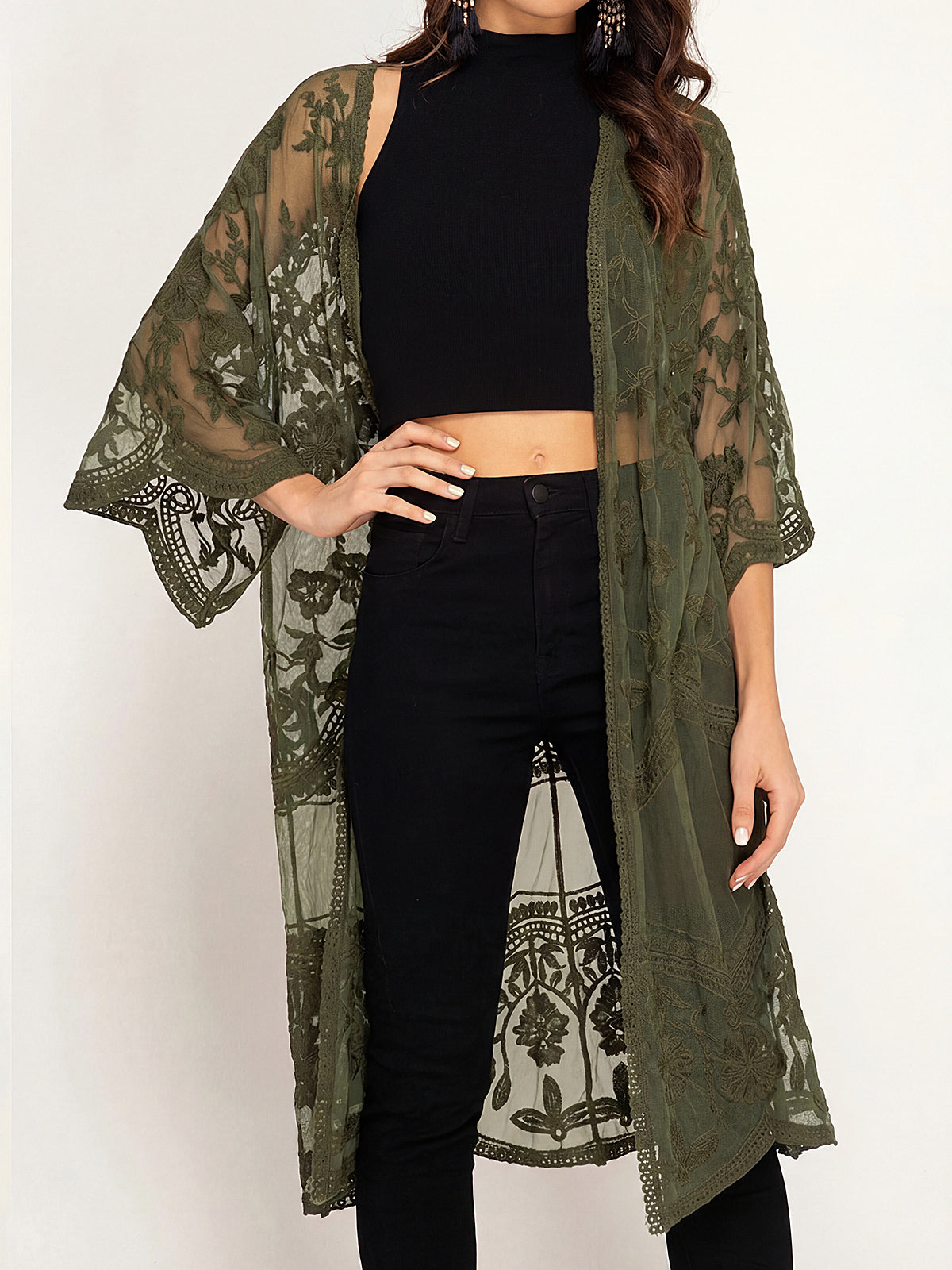 Flowy Scalloped 3/4 Sleeve Embroidered Lace Midi Beach Cover Up