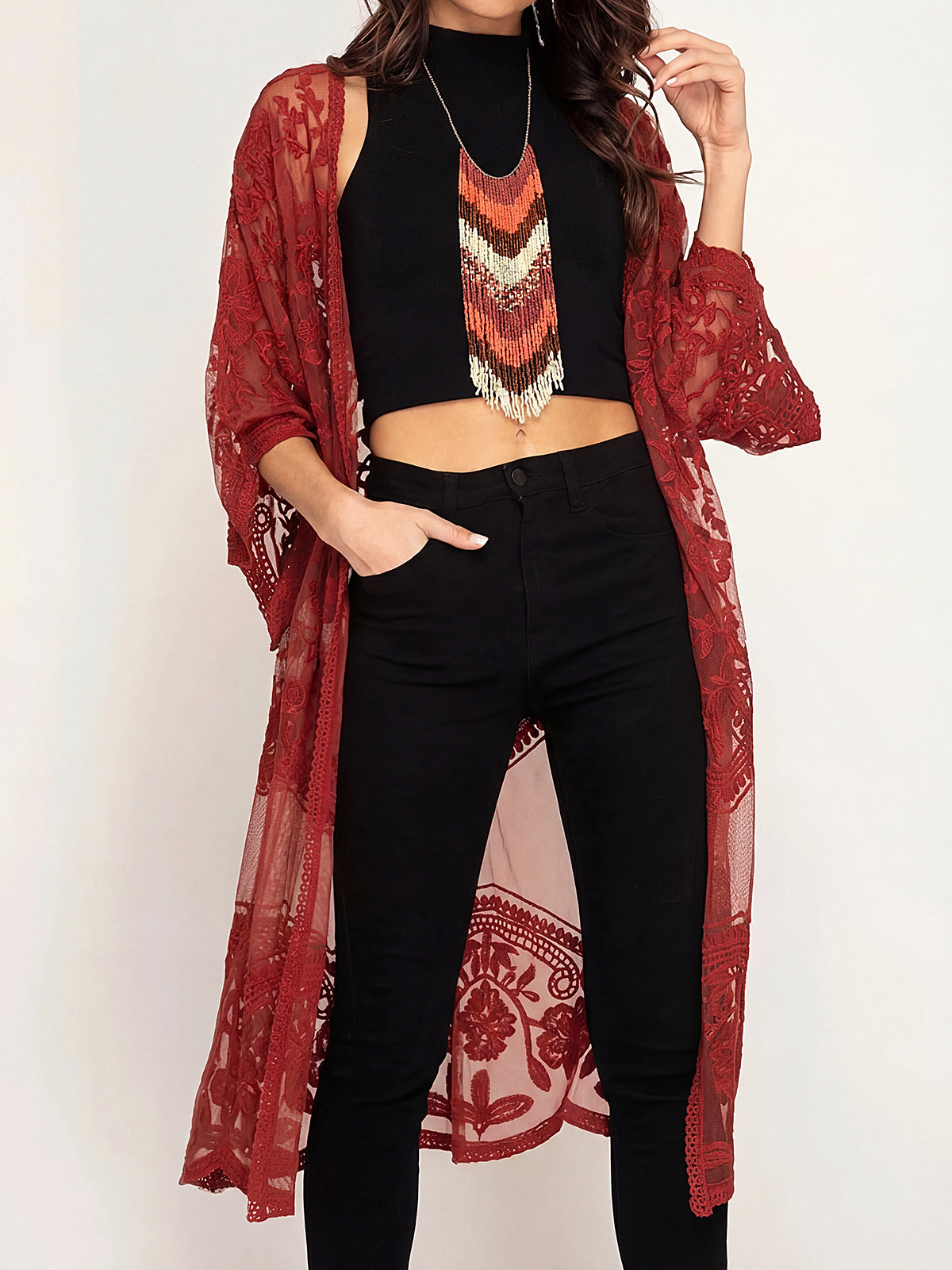 Flowy Scalloped 3/4 Sleeve Embroidered Lace Midi Beach Cover Up