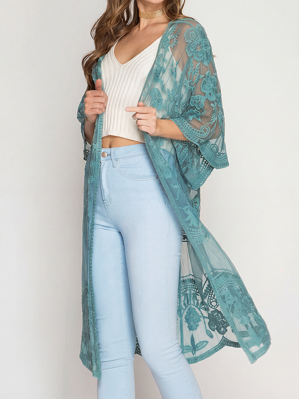 Flowy Scalloped 3/4 Sleeve Embroidered Lace Midi Beach Cover Up