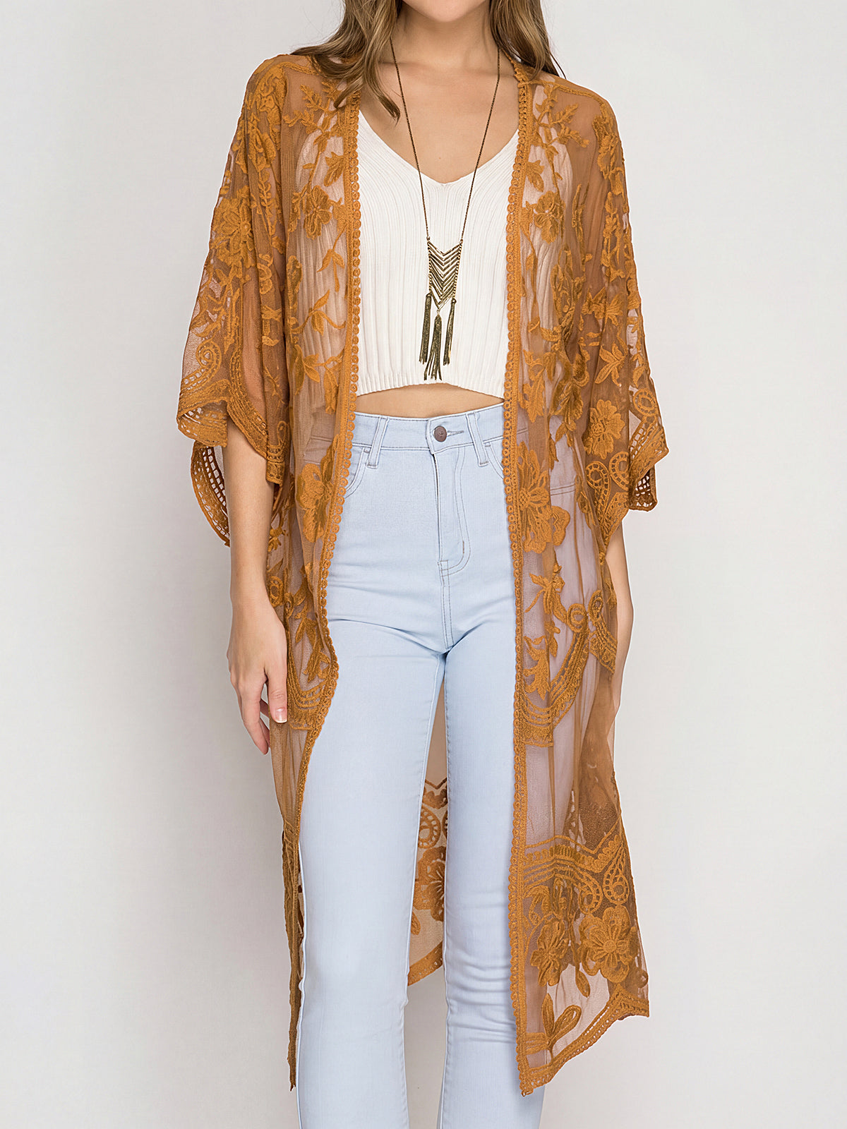 Flowy Scalloped 3/4 Sleeve Embroidered Lace Midi Beach Cover Up