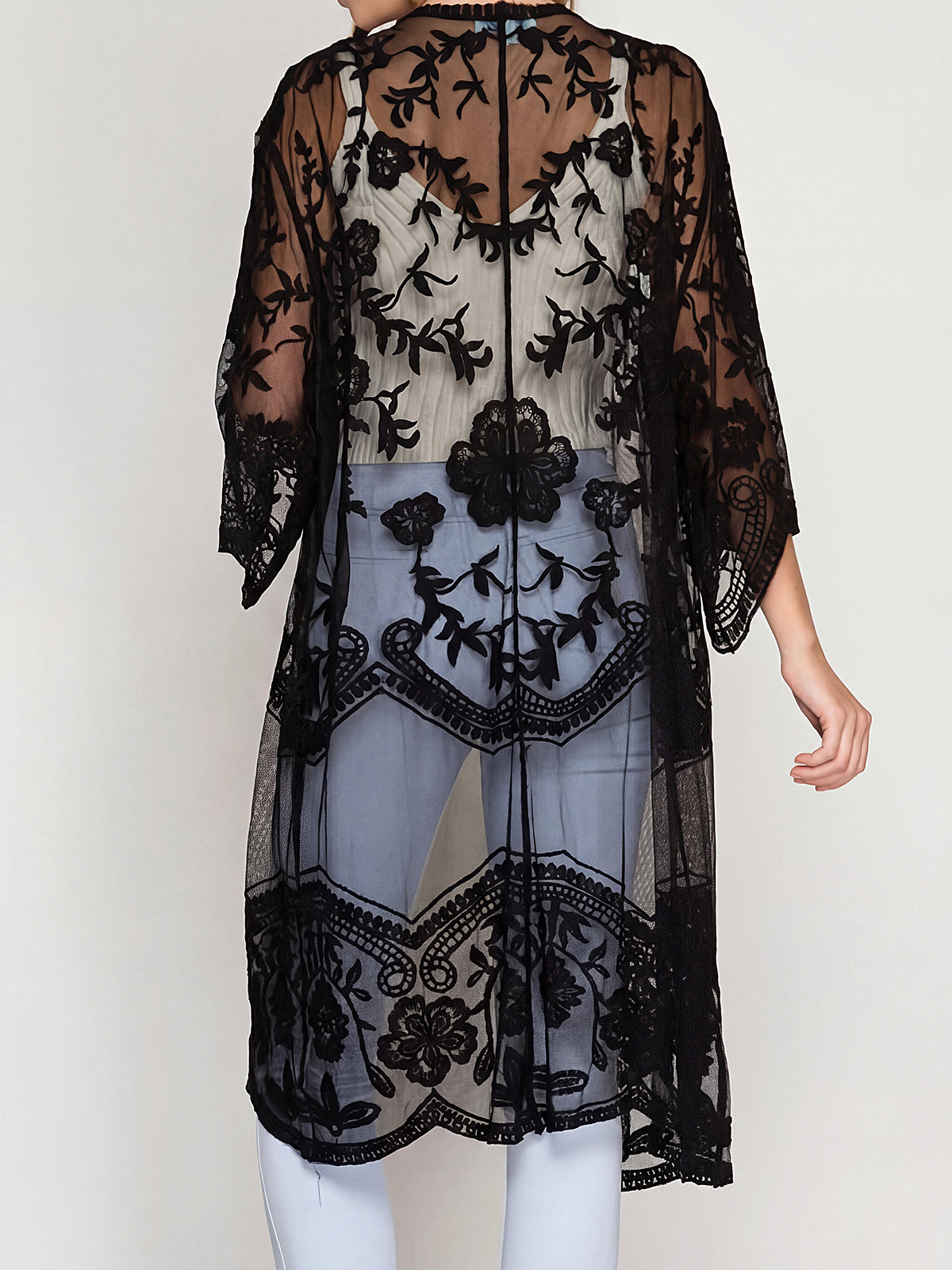 Flowy Scalloped 3/4 Sleeve Embroidered Lace Midi Beach Cover Up