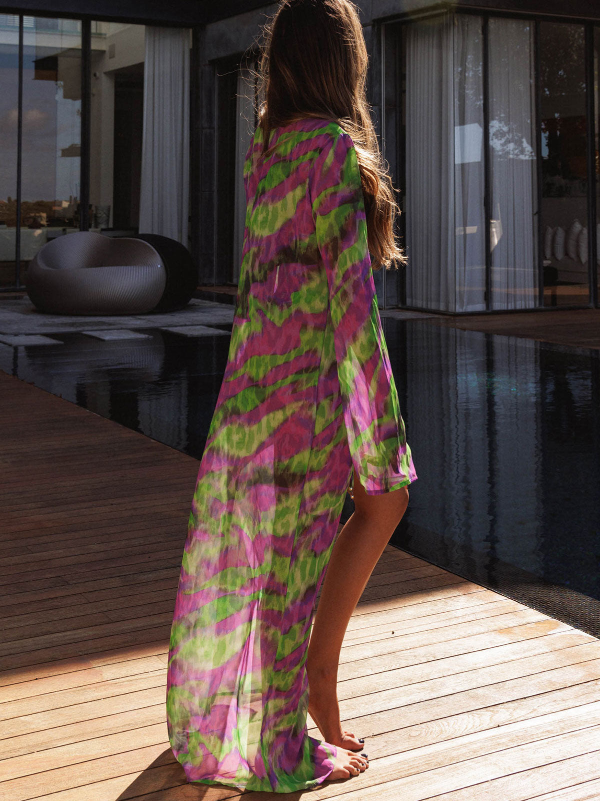 Flowy Striped Deep V Tie Front Long Sleeve Maxi Cover Up