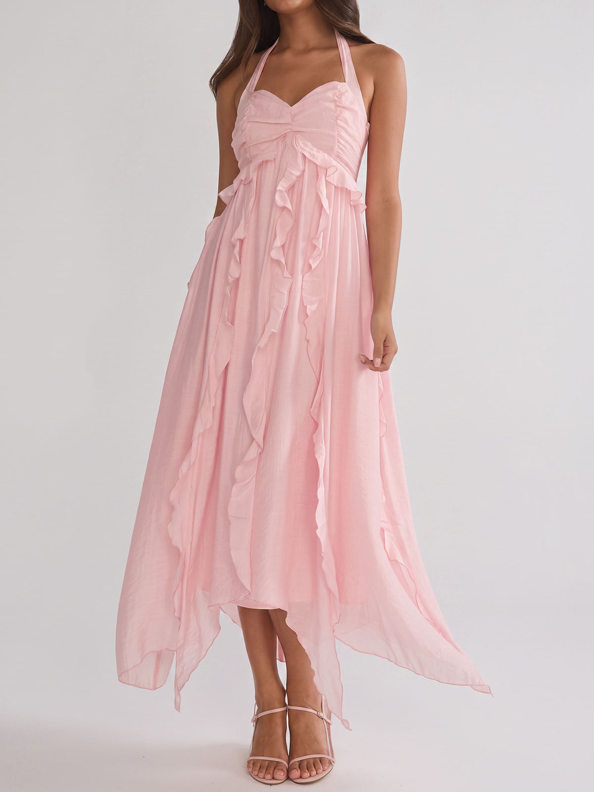 Flowy Sweetheart Halter Tie Empire Waist Resort Ruffle Midi Dress