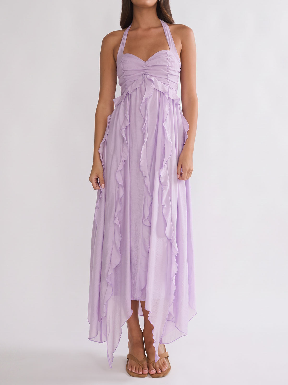 Flowy Sweetheart Halter Tie Empire Waist Resort Ruffle Midi Dress