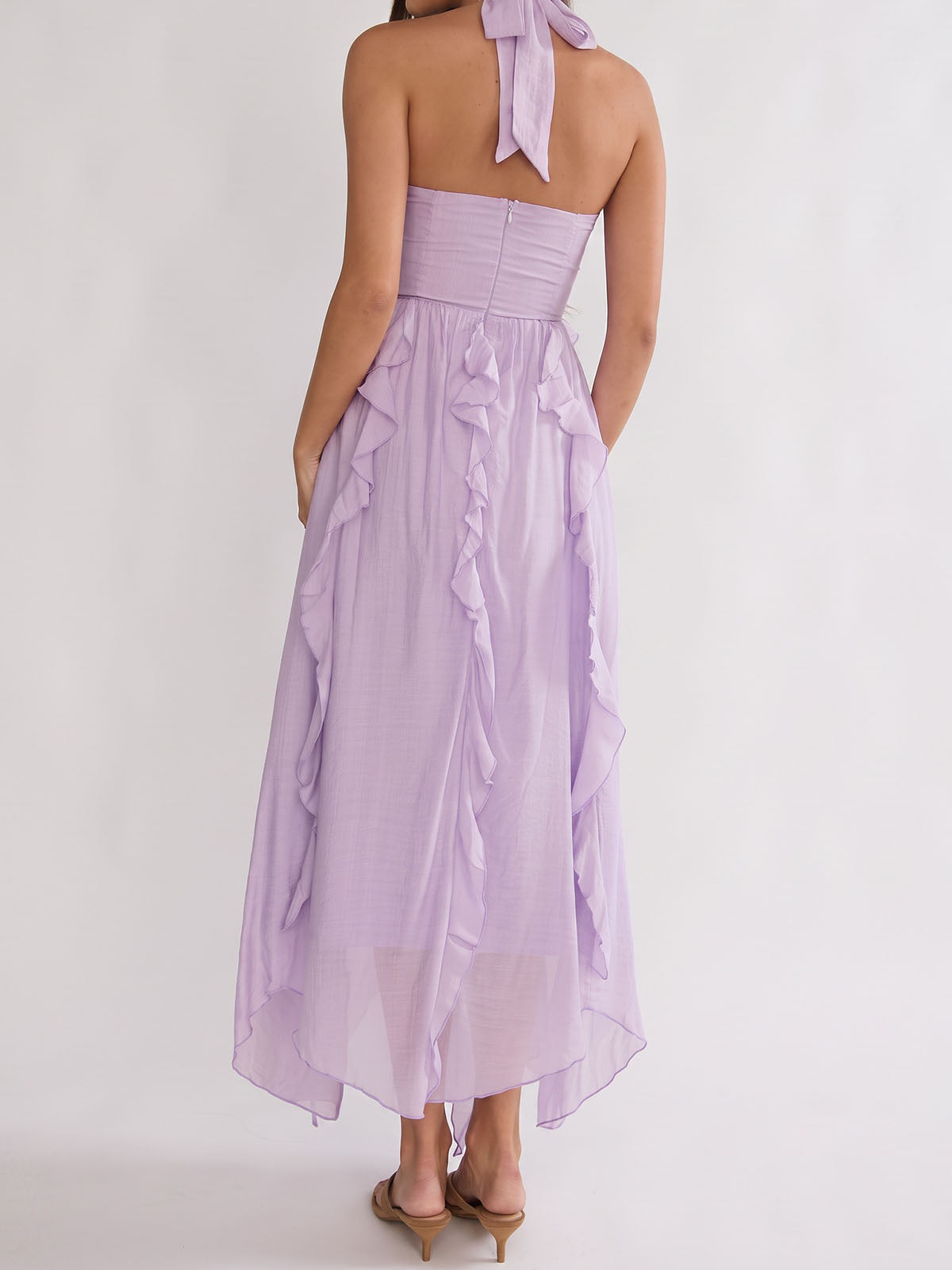 Flowy Sweetheart Halter Tie Empire Waist Resort Ruffle Midi Dress