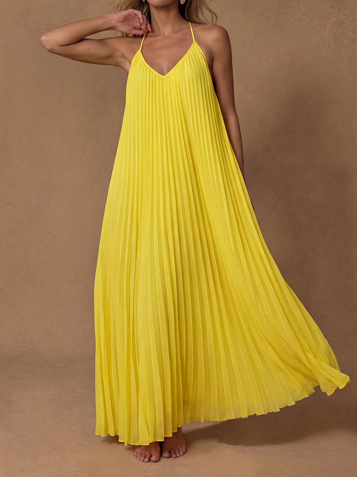Flowy V Neck Spaghetti Strap A Line Resort Pleated Slip Maxi Dress