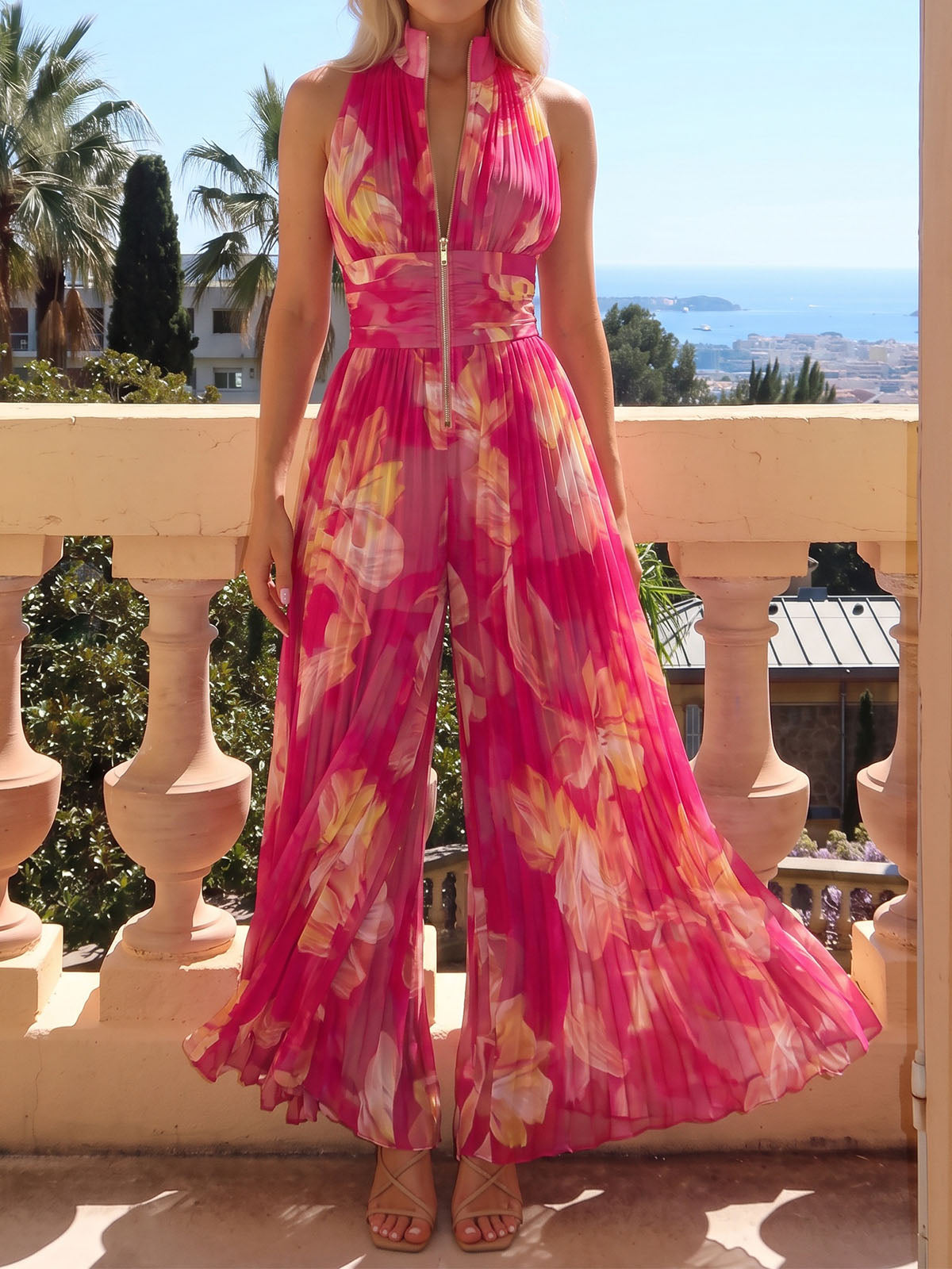 Flowy Watercolor Floral Sleeveless Resort Pleated Chiffon Jumpsuit