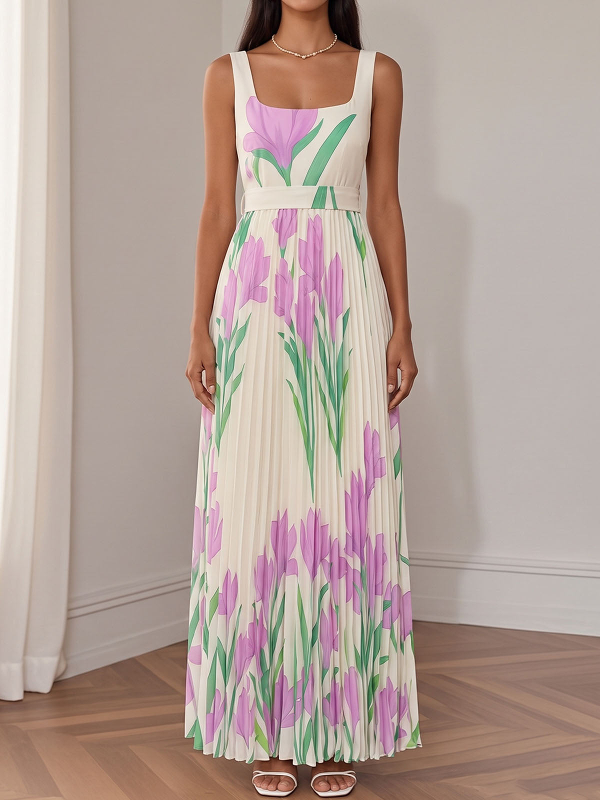 Fresh Floral Square Neck High Waist Resort Sleeveless Pleated Maxi Dress