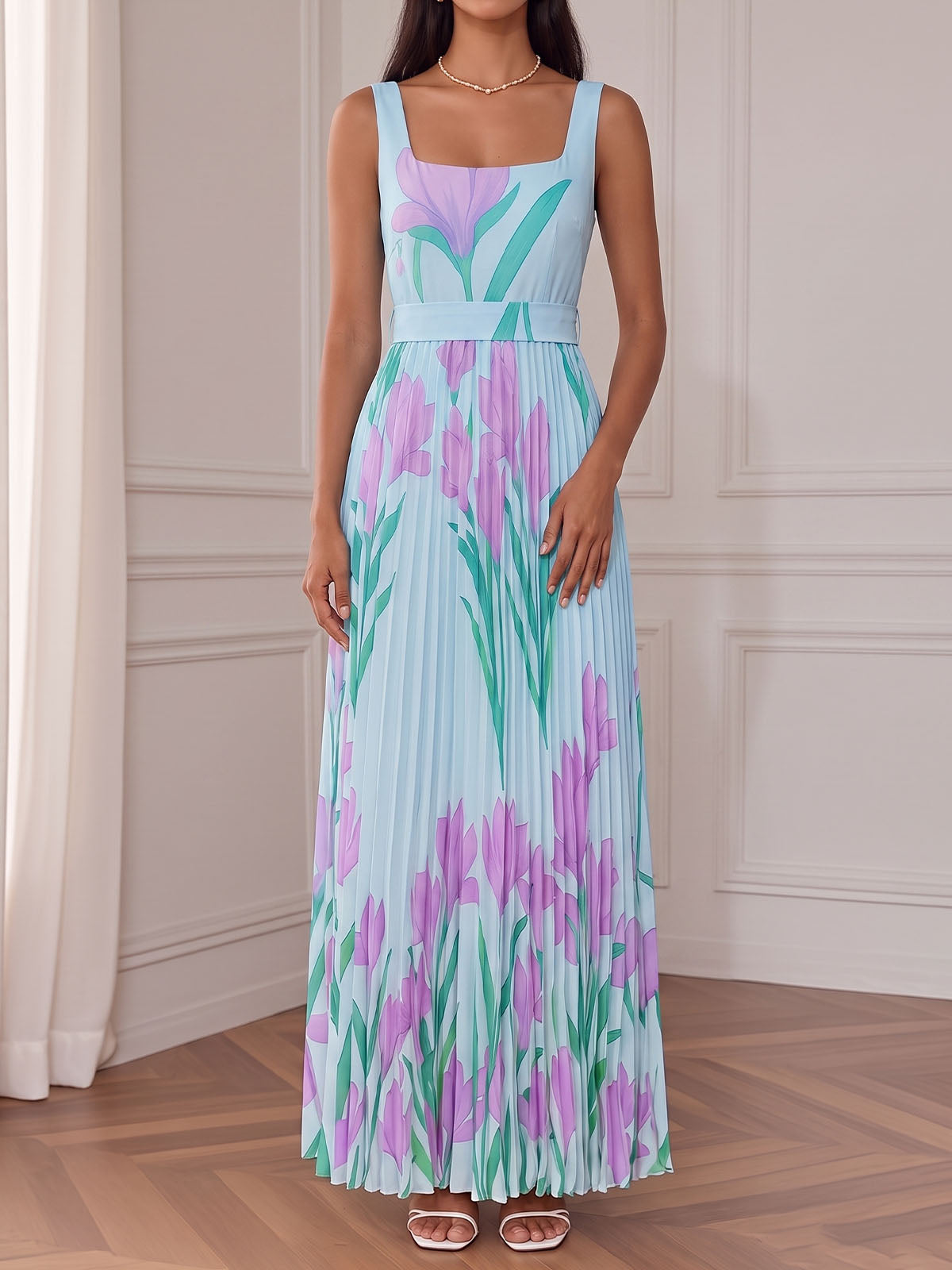 Fresh Floral Square Neck High Waist Resort Sleeveless Pleated Maxi Dress