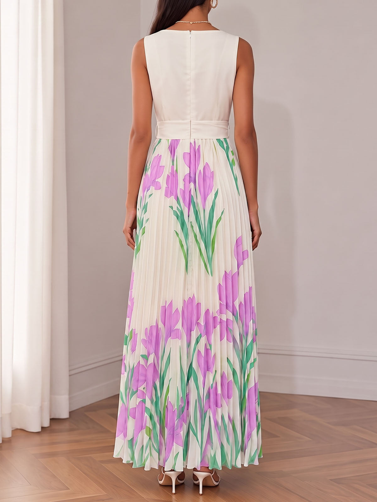 Fresh Floral Square Neck High Waist Resort Sleeveless Pleated Maxi Dress