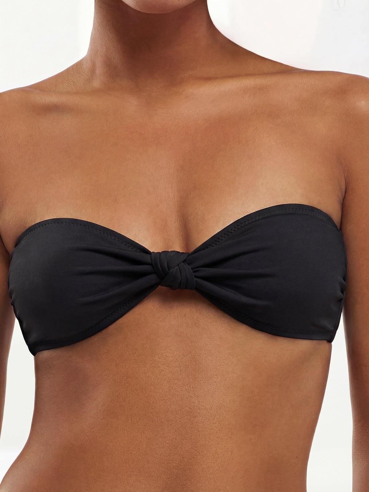 Glossy Knotted Front Ruched Sweetheart Bandeau Bikini Top