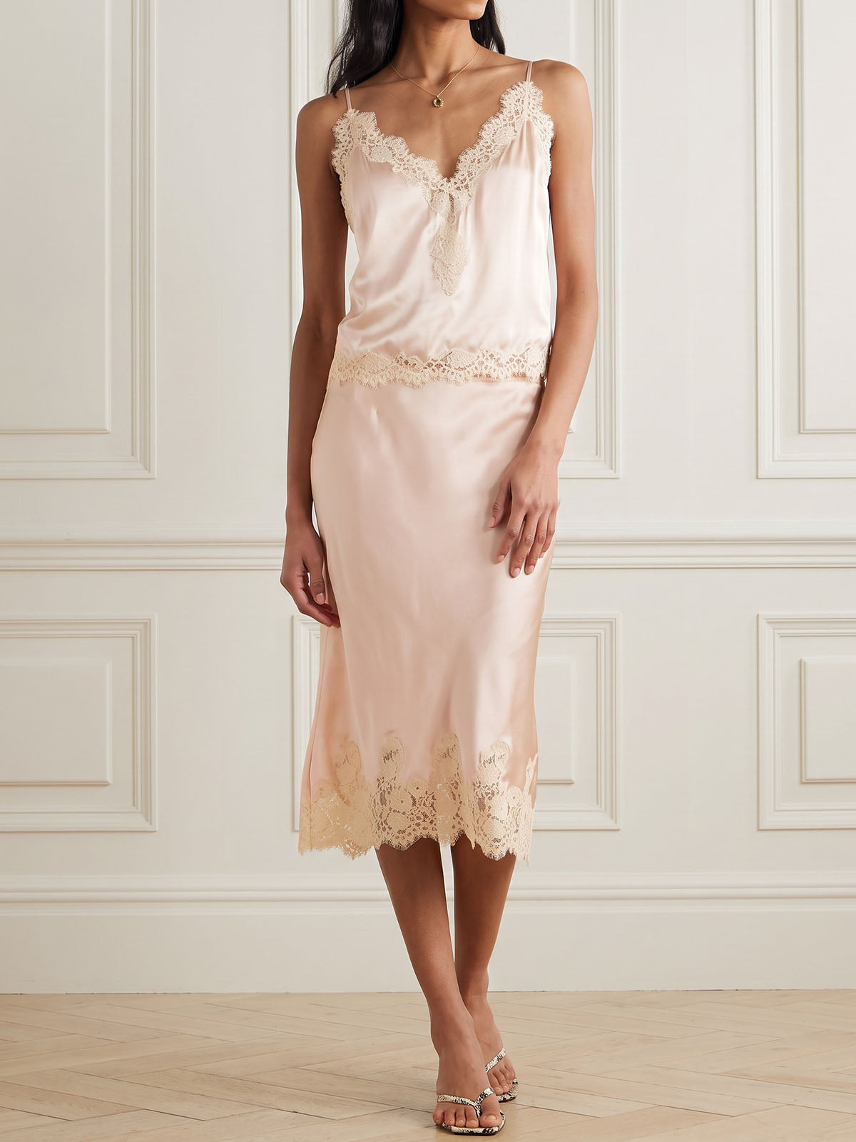 Glossy Satin Lace Trim V Neck Cami Top Resort Two Piece Midi Skirt Set