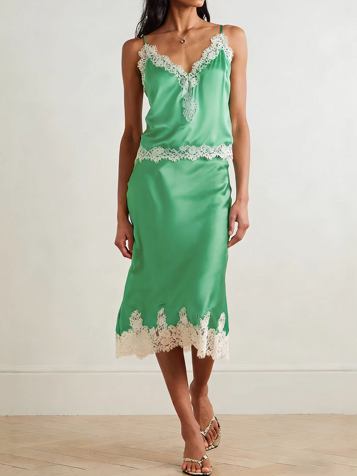 Glossy Satin Lace Trim V Neck Cami Top Resort Two Piece Midi Skirt Set