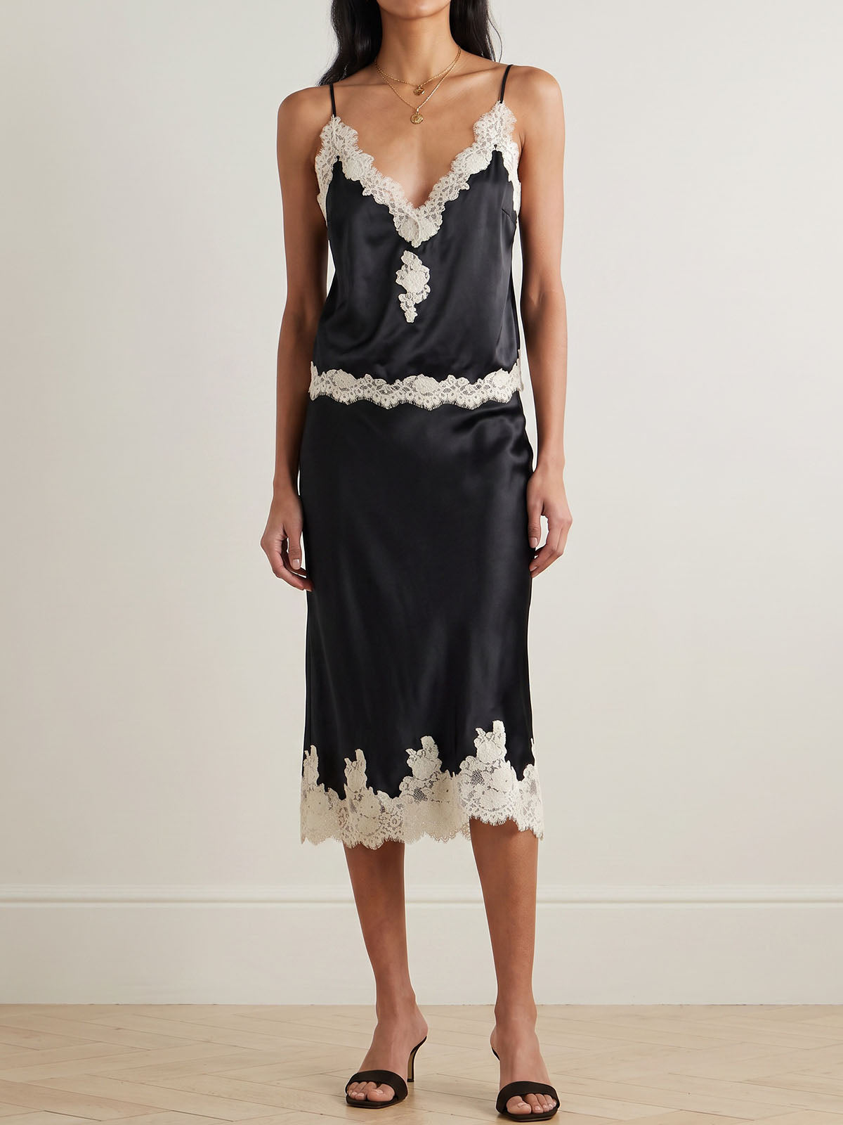Glossy Satin Lace Trim V Neck Cami Top Resort Two Piece Midi Skirt Set