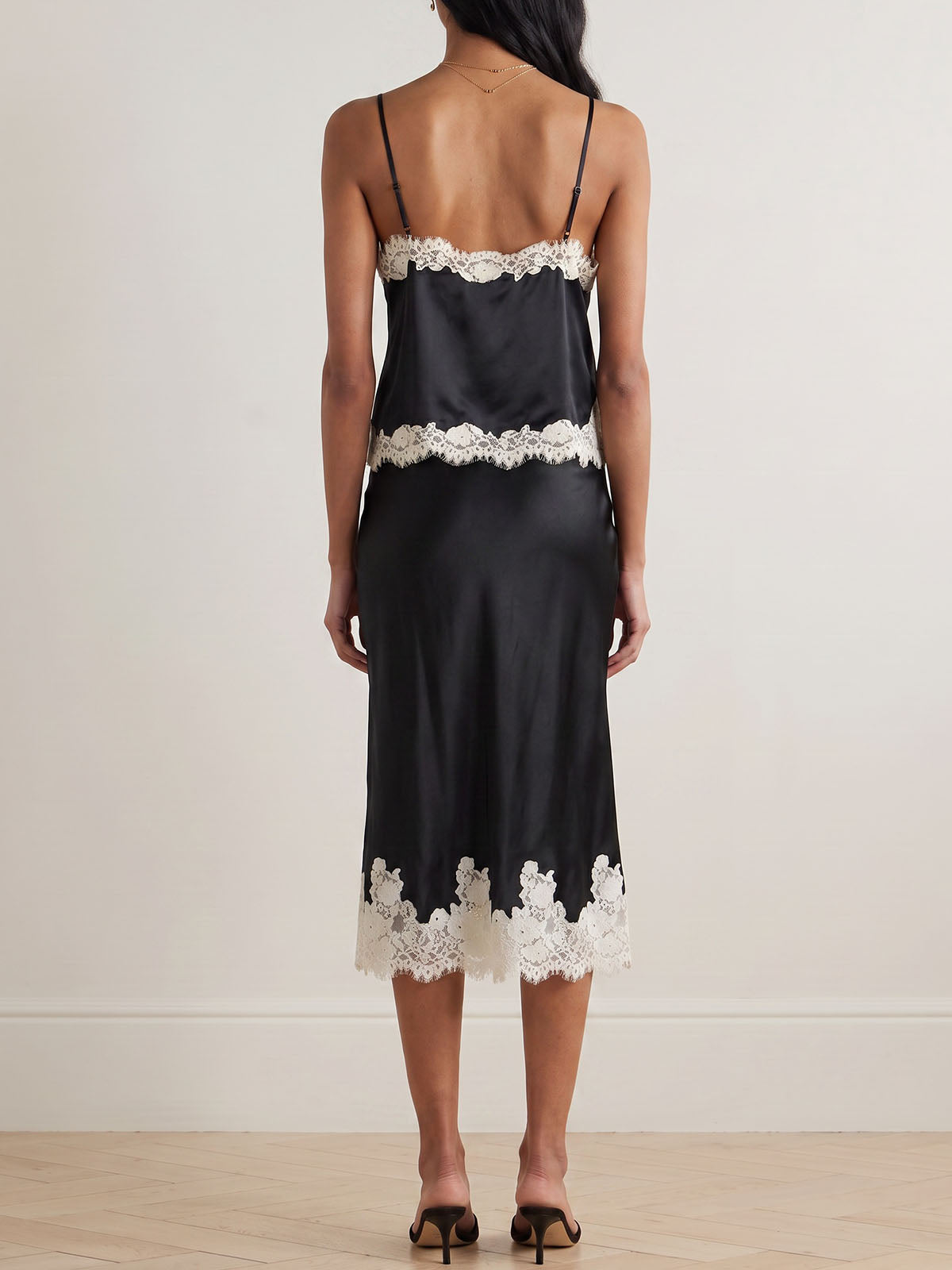 Glossy Satin Lace Trim V Neck Cami Top Resort Two Piece Midi Skirt Set