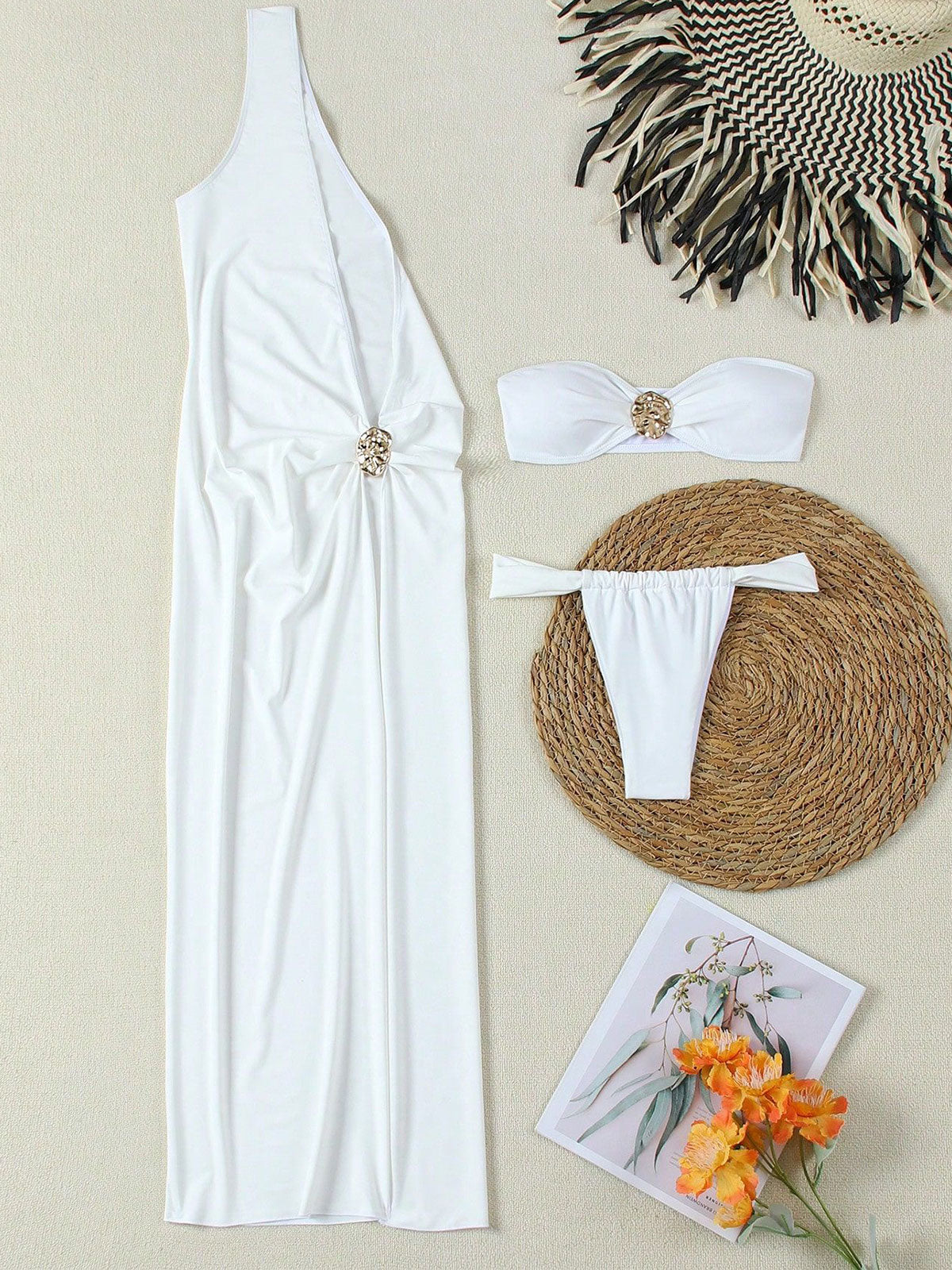 Sparkly Gold Trim Sweetheart Bandeau Cheeky High Cut Three Piece Bikini Set