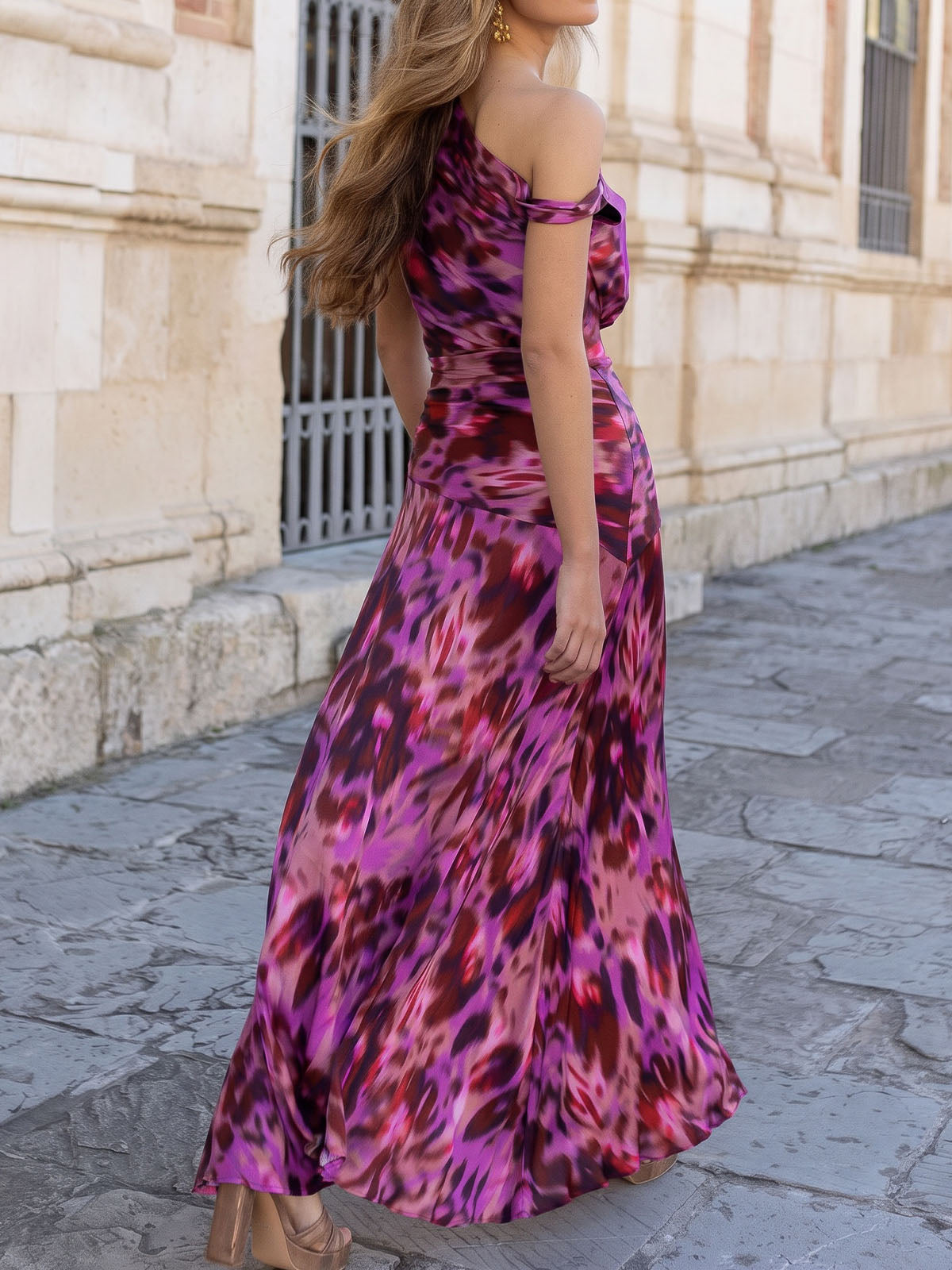 Graceful One Shoulder Drop Waist Resort Tie Dye Printed Maxi Dress