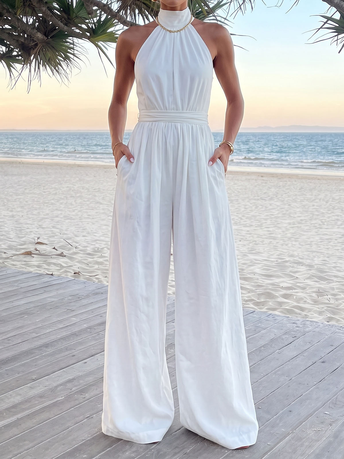 Graceful Tie Halter Ruched Sleeveless High Rise Resort Wide Leg Jumpsuit