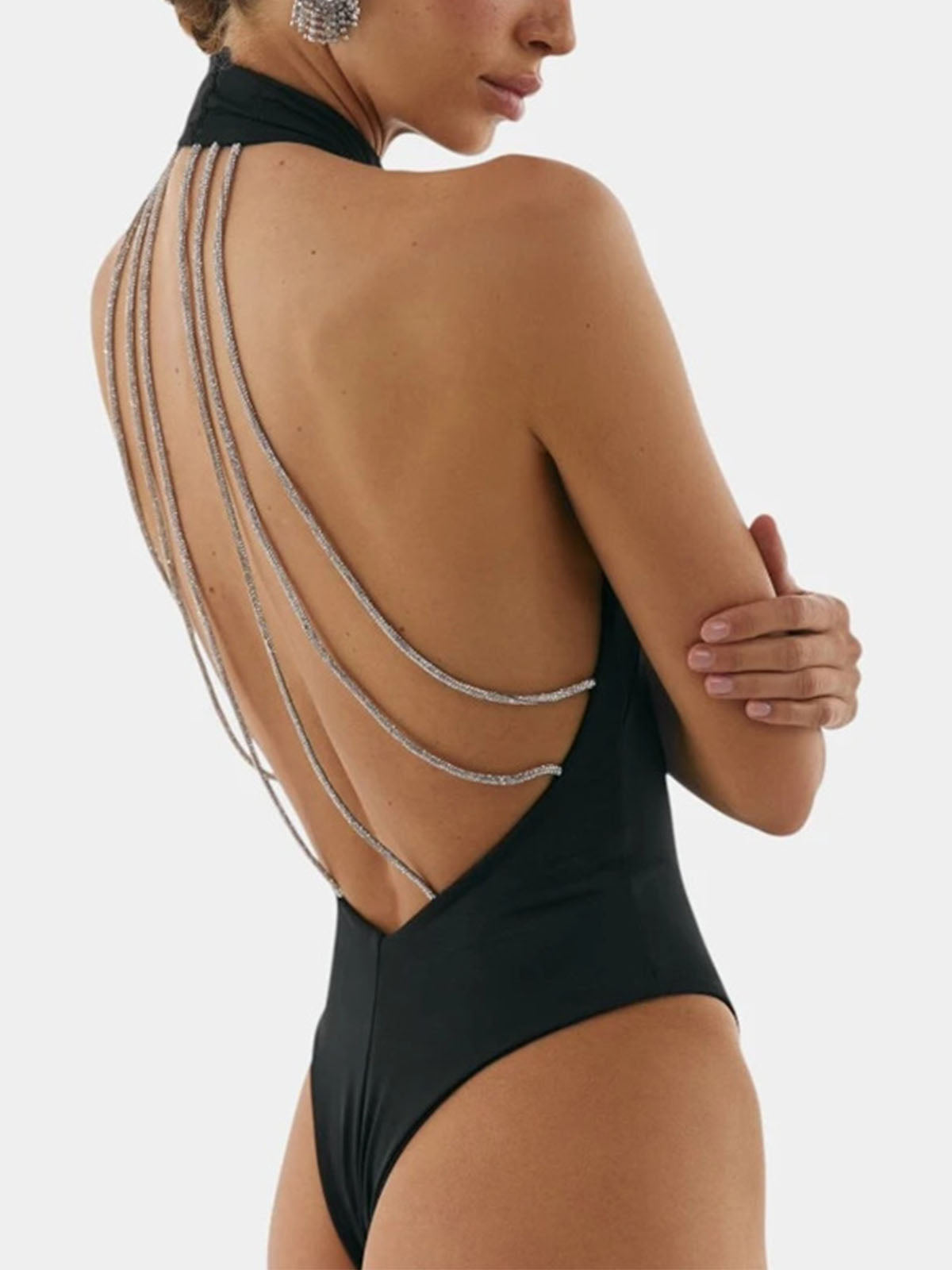 High Neck Sparkly Strappy Back High Cut One Piece Swimsuit