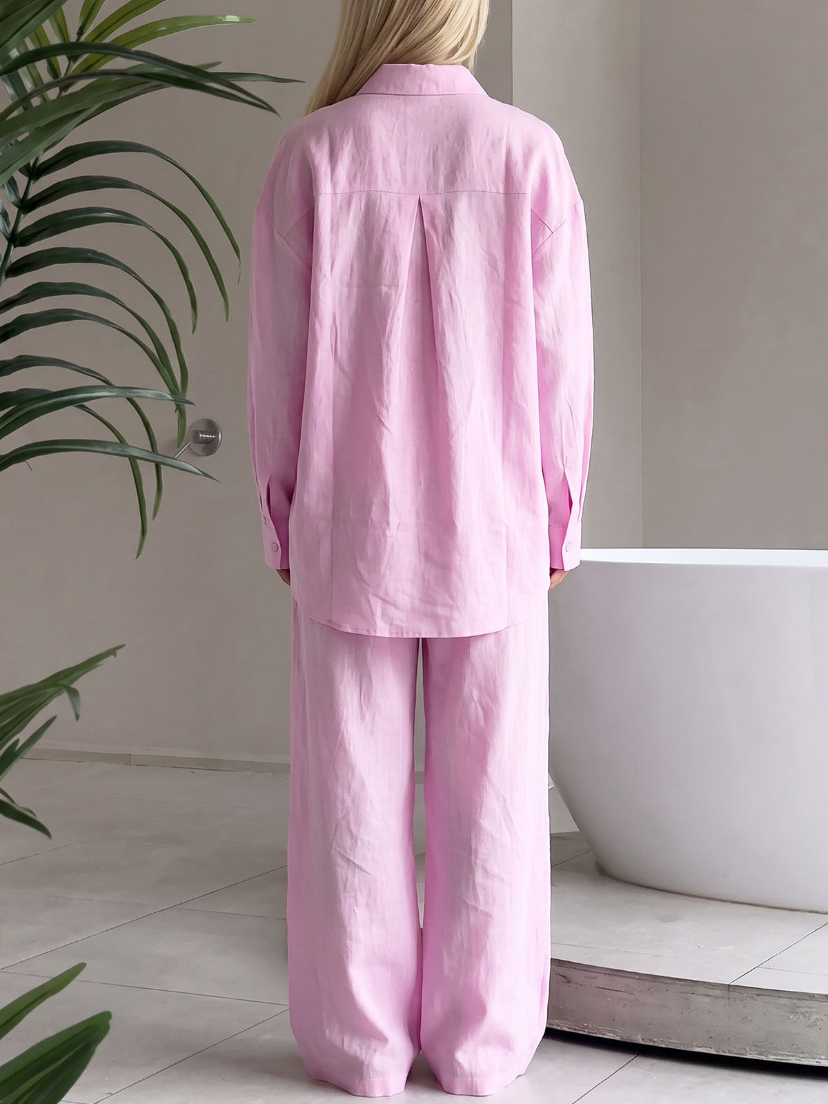 Leisure Collared Oversized Shirt Resort Two Piece Wide Leg Pant Set