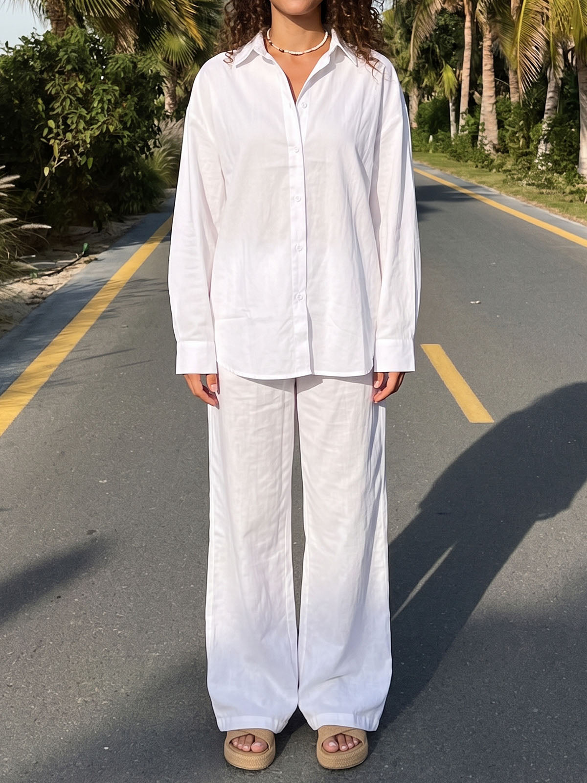 Leisure Collared Oversized Shirt Resort Two Piece Wide Leg Pant Set