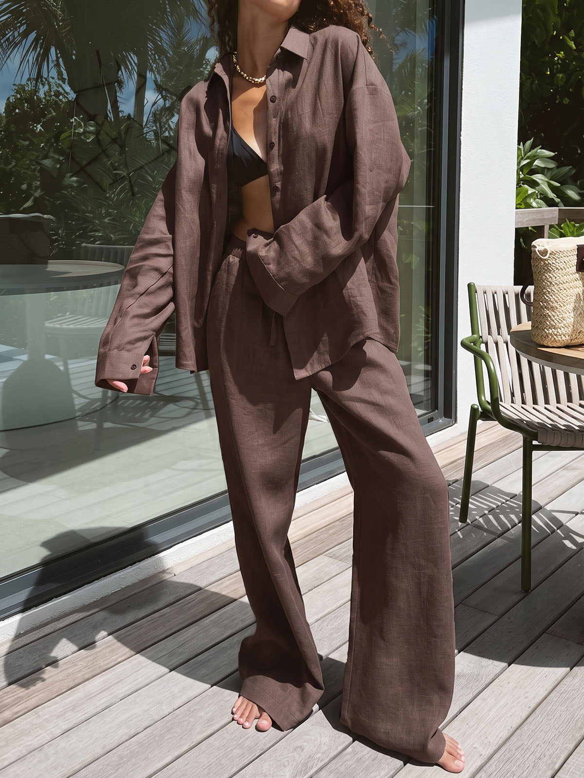 Leisure Collared Oversized Shirt Resort Two Piece Wide Leg Pant Set