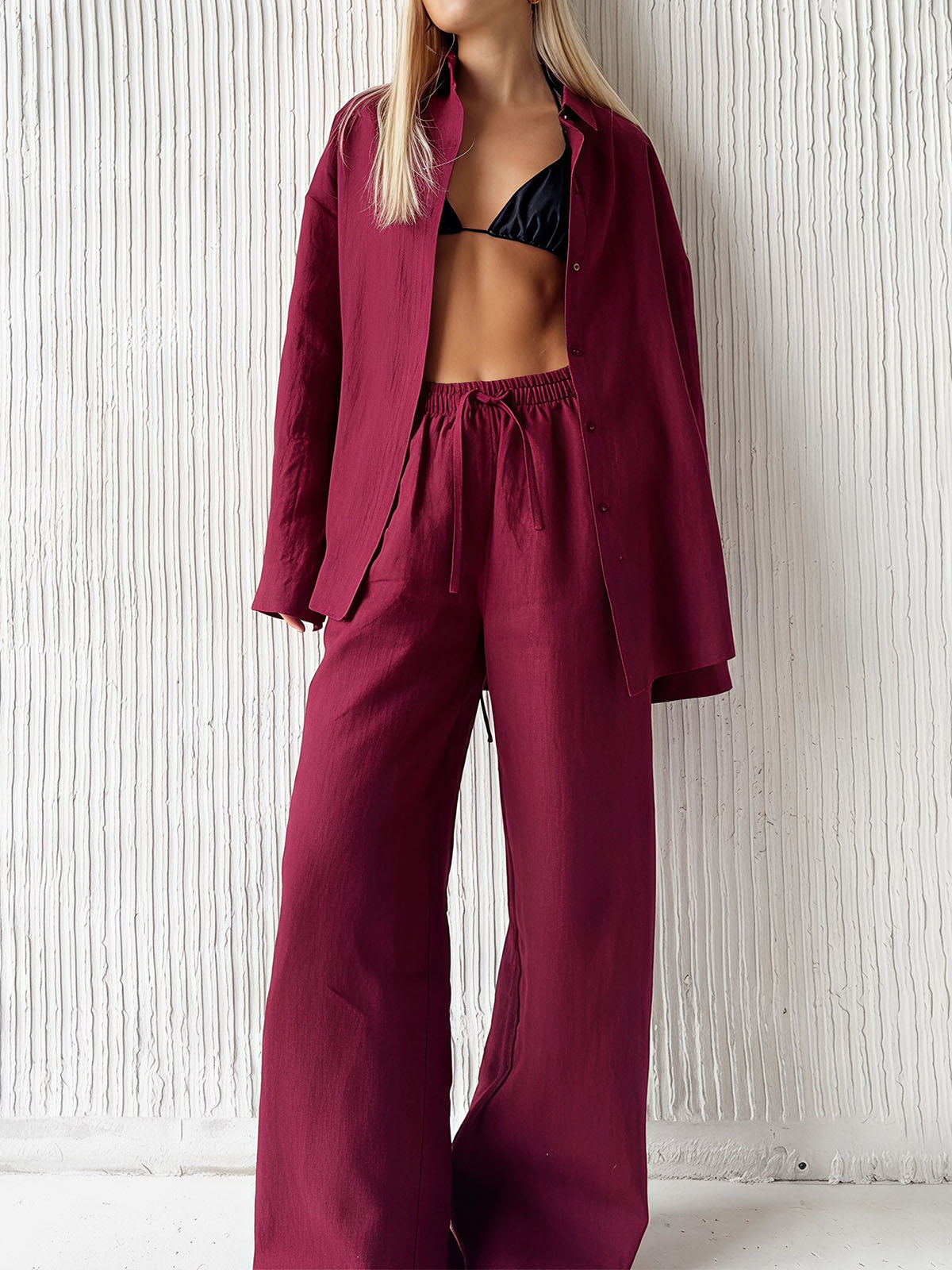 Leisure Collared Oversized Shirt Resort Two Piece Wide Leg Pant Set