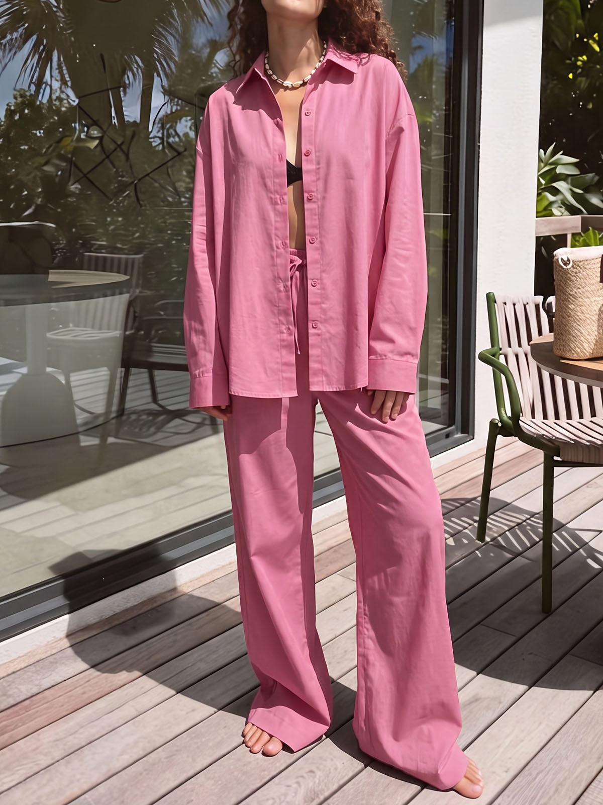 Leisure Collared Oversized Shirt Resort Two Piece Wide Leg Pant Set