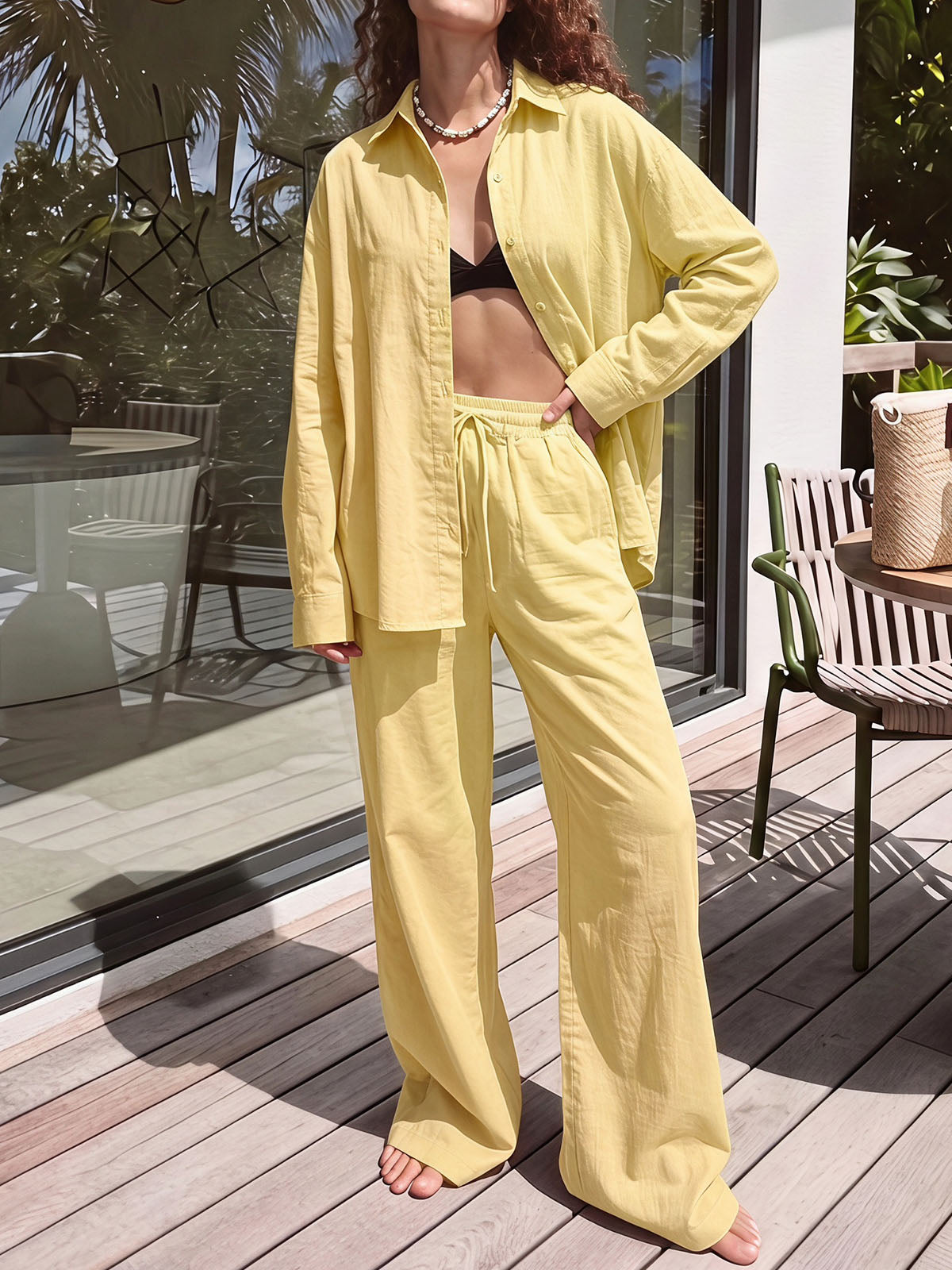 Leisure Collared Oversized Shirt Resort Two Piece Wide Leg Pant Set