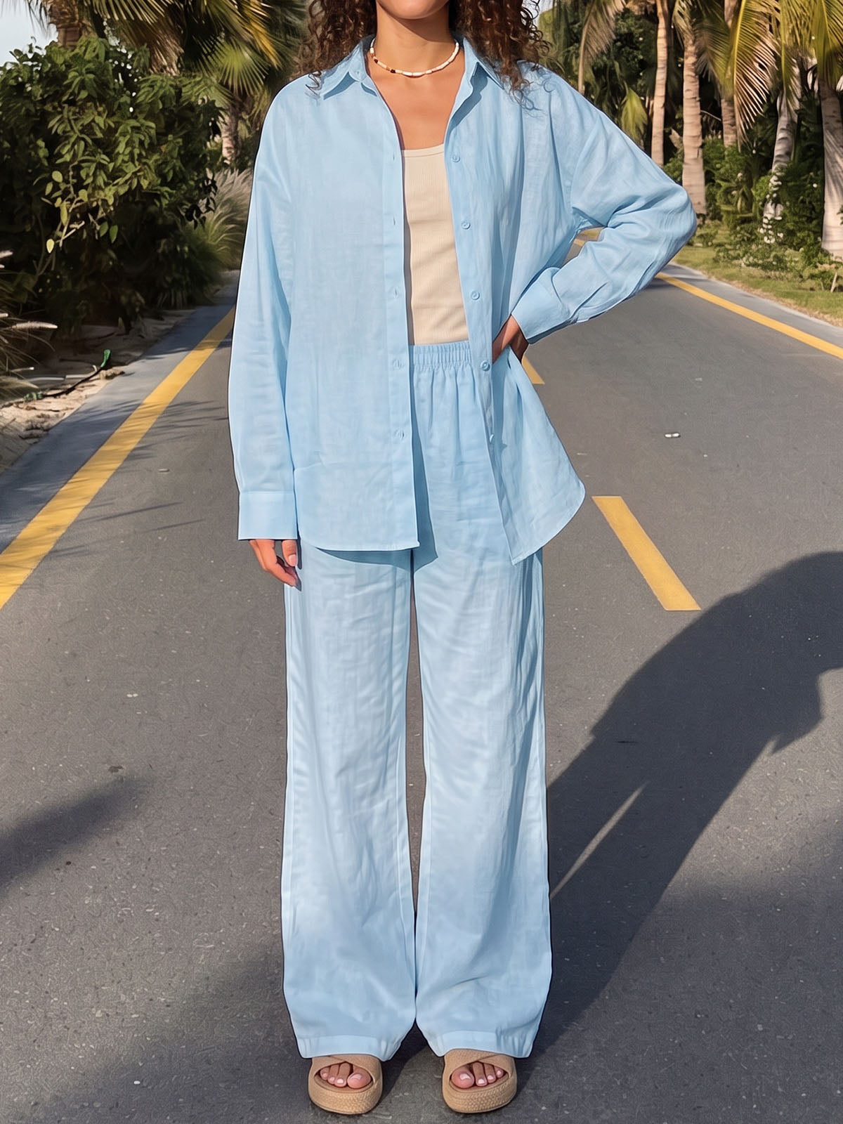 Leisure Collared Oversized Shirt Resort Two Piece Wide Leg Pant Set