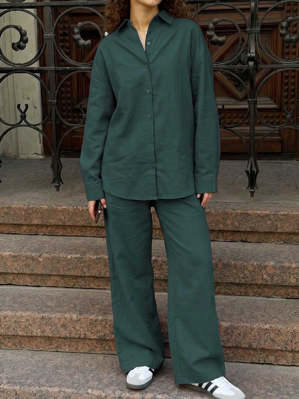 Leisure Collared Oversized Shirt Resort Two Piece Wide Leg Pant Set