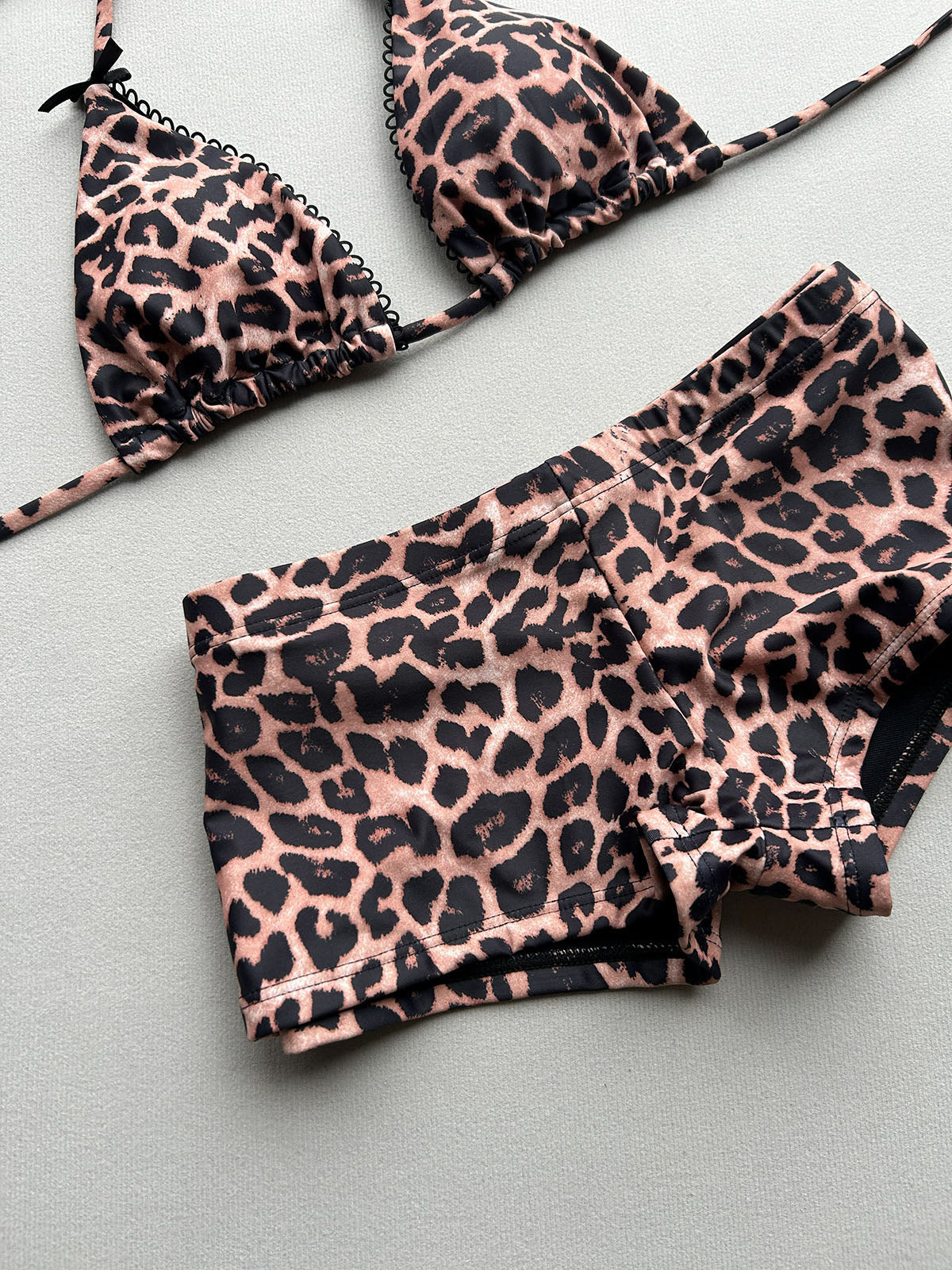Leopard Print Short Bow Trim Scalloped Halter Two Piece Bikini Set