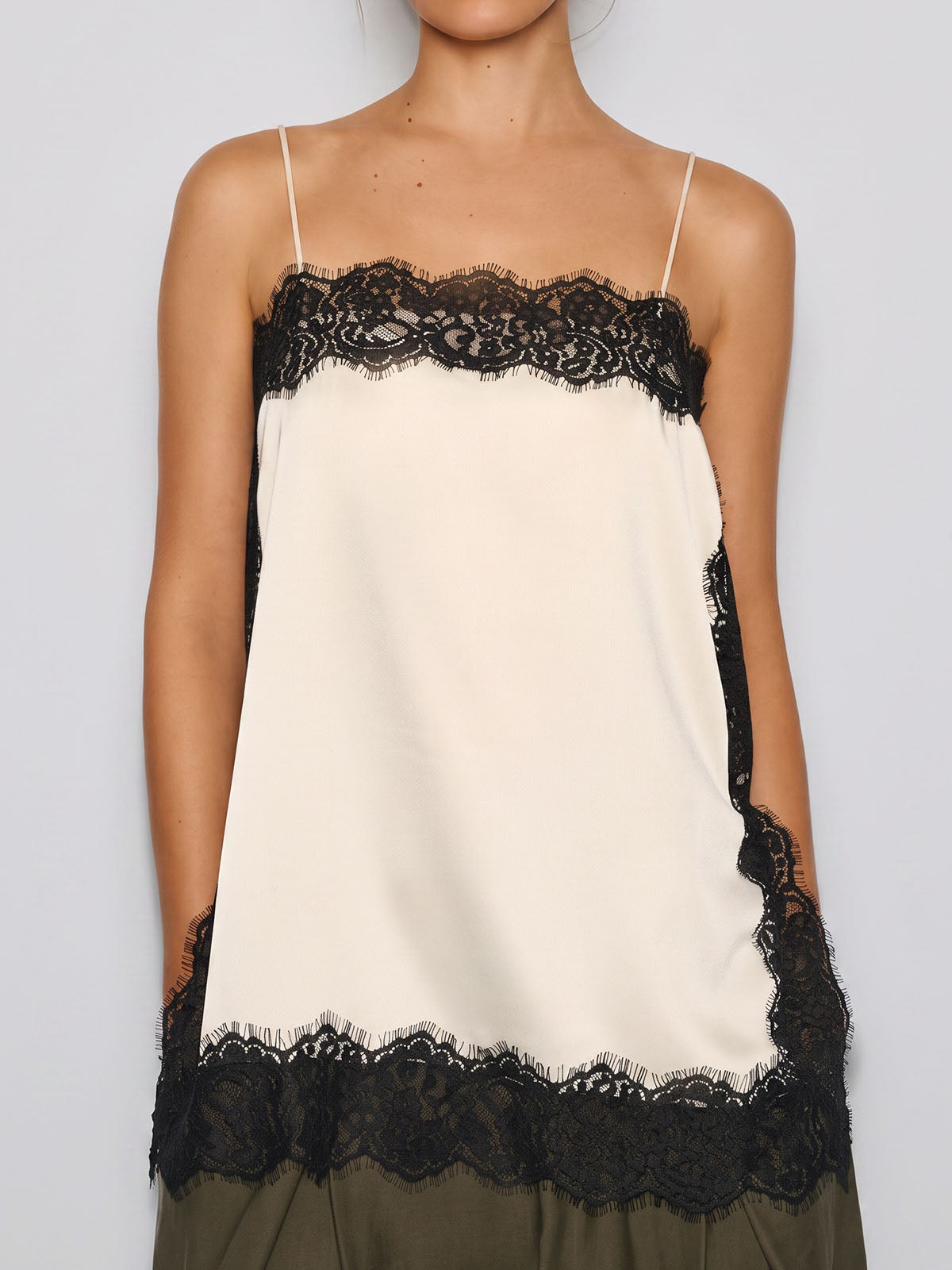 Luxury Lace Trim Square Neck Side Slit Resort Longline Cami Satin Top
