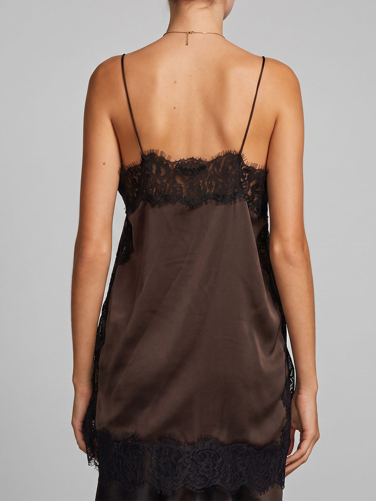Luxury Lace Trim Square Neck Side Slit Resort Longline Cami Satin Top