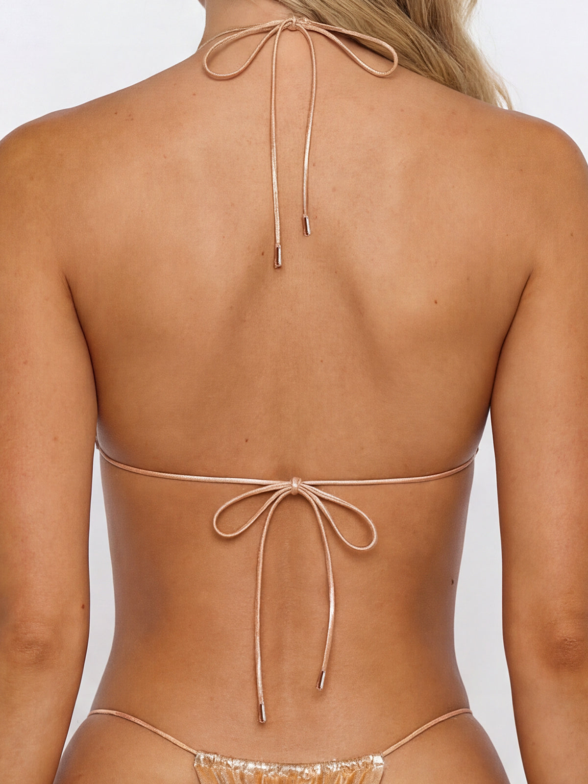 Metallic Halter Tie Ruched Sliding Triangle Bikini Top