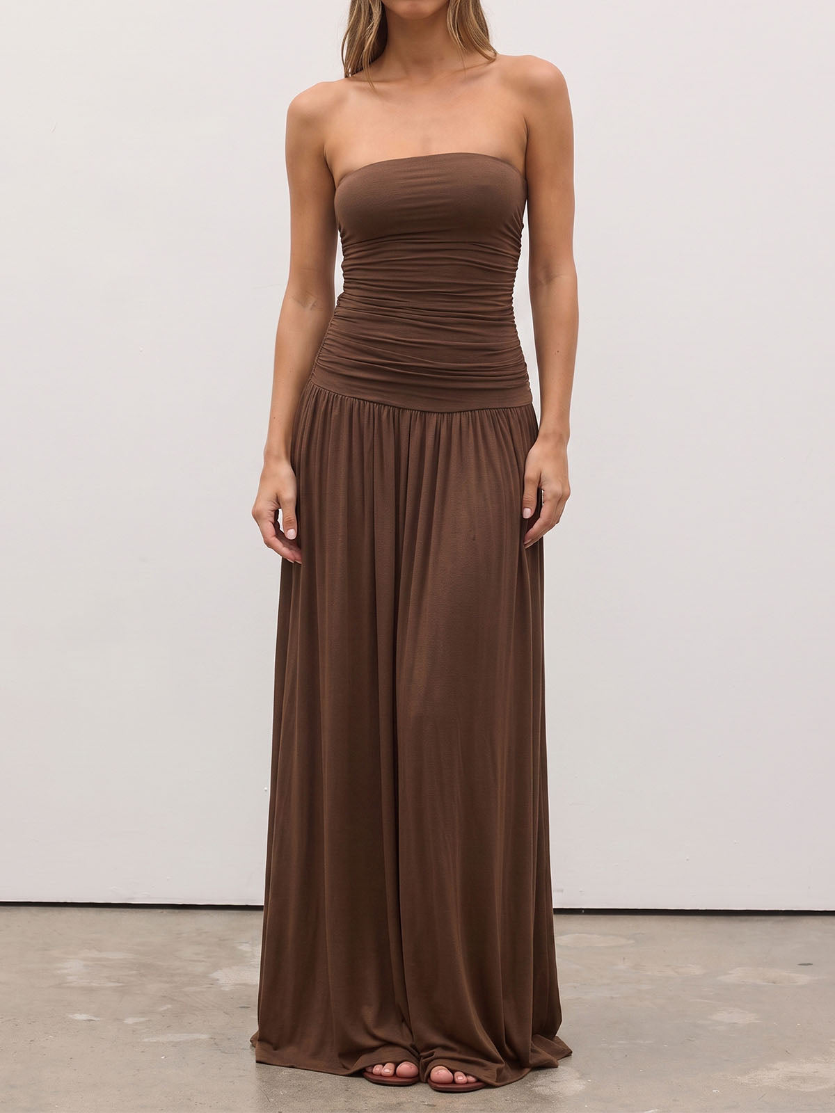 Minimalist Solid Color Strapless Resort Drop Waist Ruched Maxi Dress