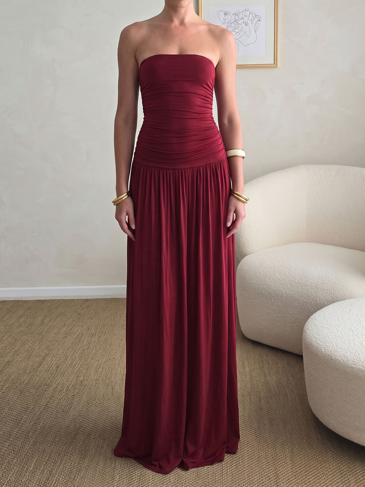 Minimalist Solid Color Strapless Resort Drop Waist Ruched Maxi Dress