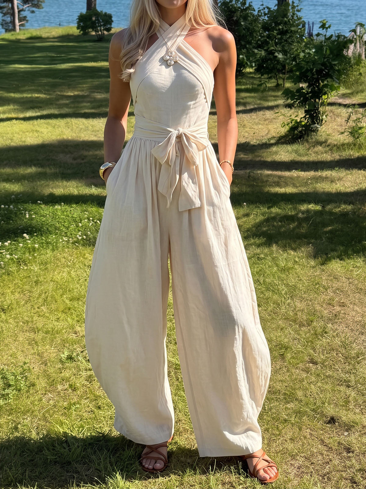 Modern Twist Halter Wrap Tie Sleeveless Resort Wide Leg Jumpsuit