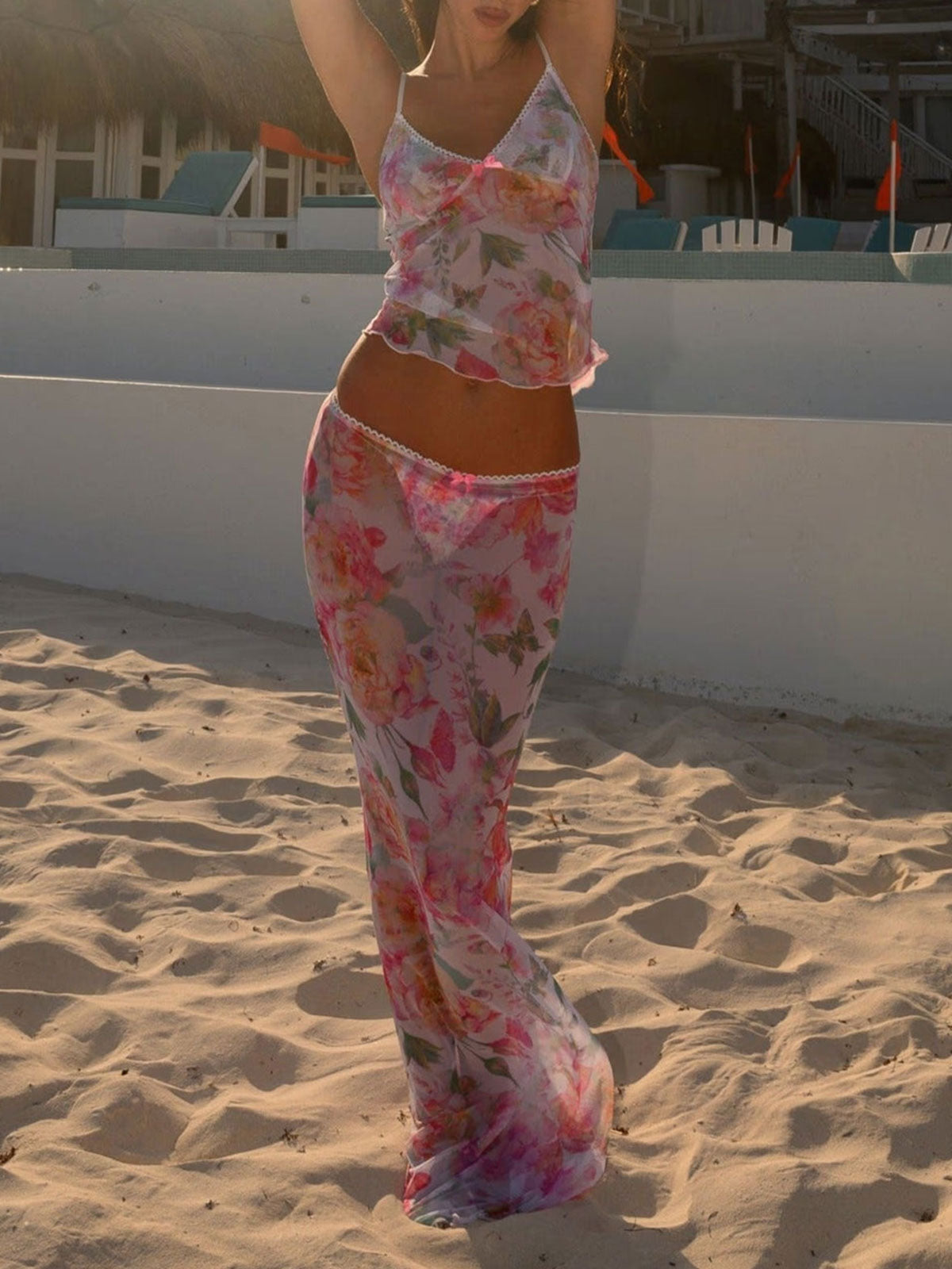 Nautical Striped Print Sheer Mesh Swim Cover Up Set