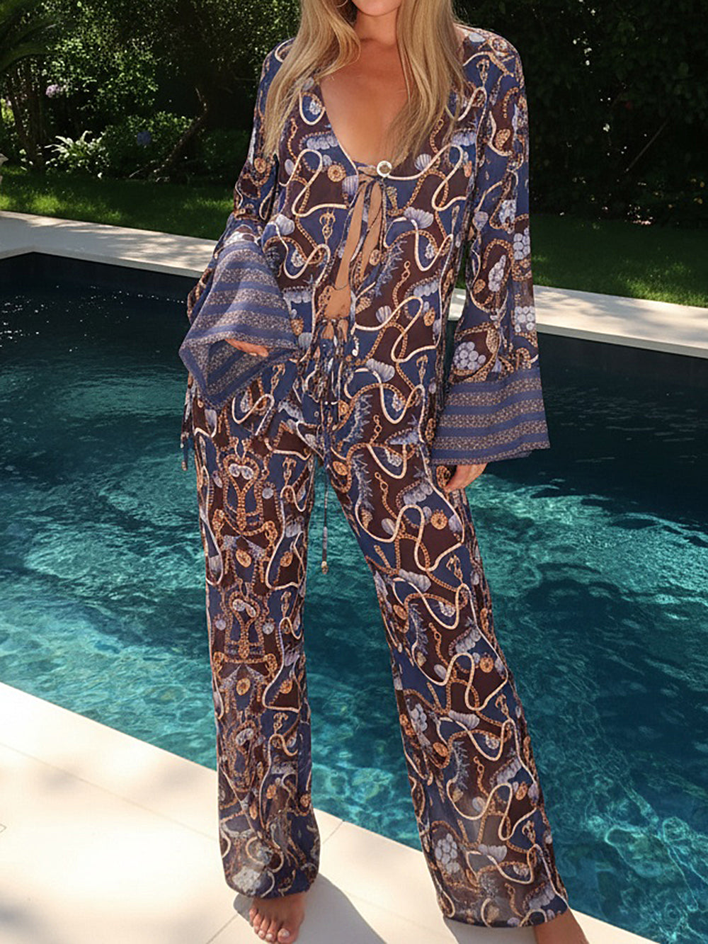 Navy Print Tie Front Wide Leg Chiffon Swim Cover Up Set