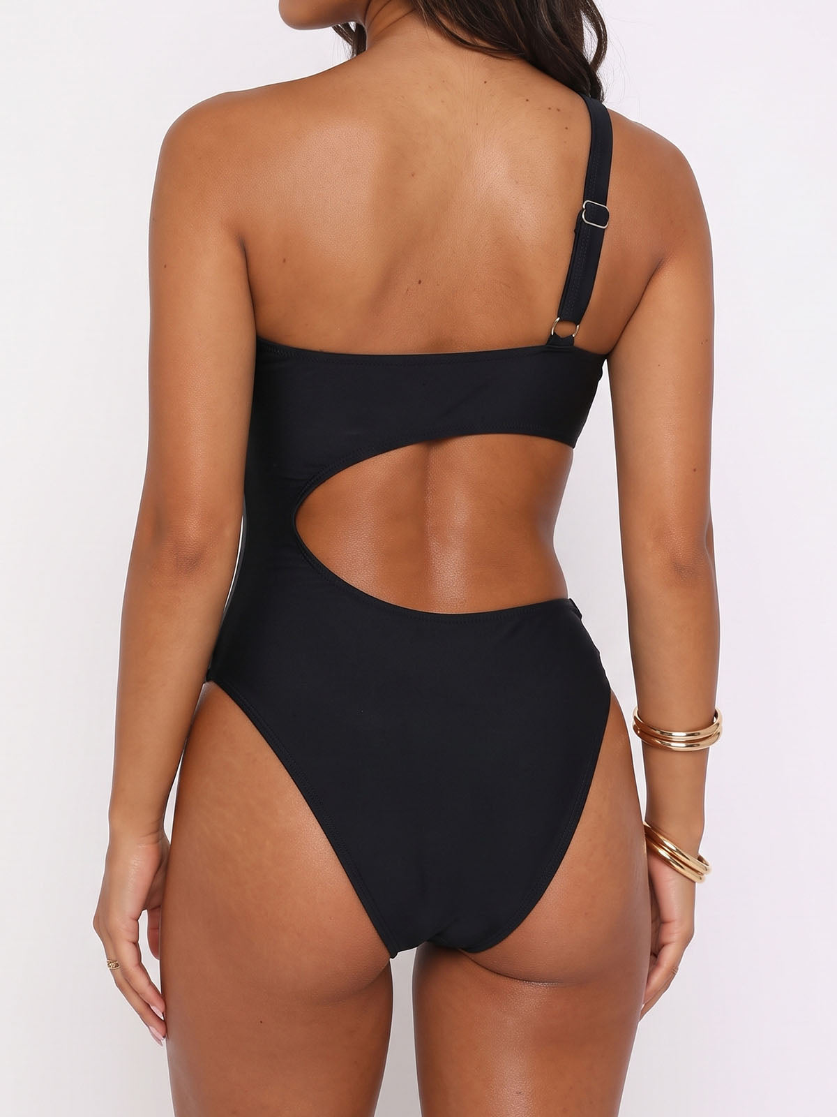 O Ring One Shoulder Asymmetric Cutout High Cut One Piece Swimsuit