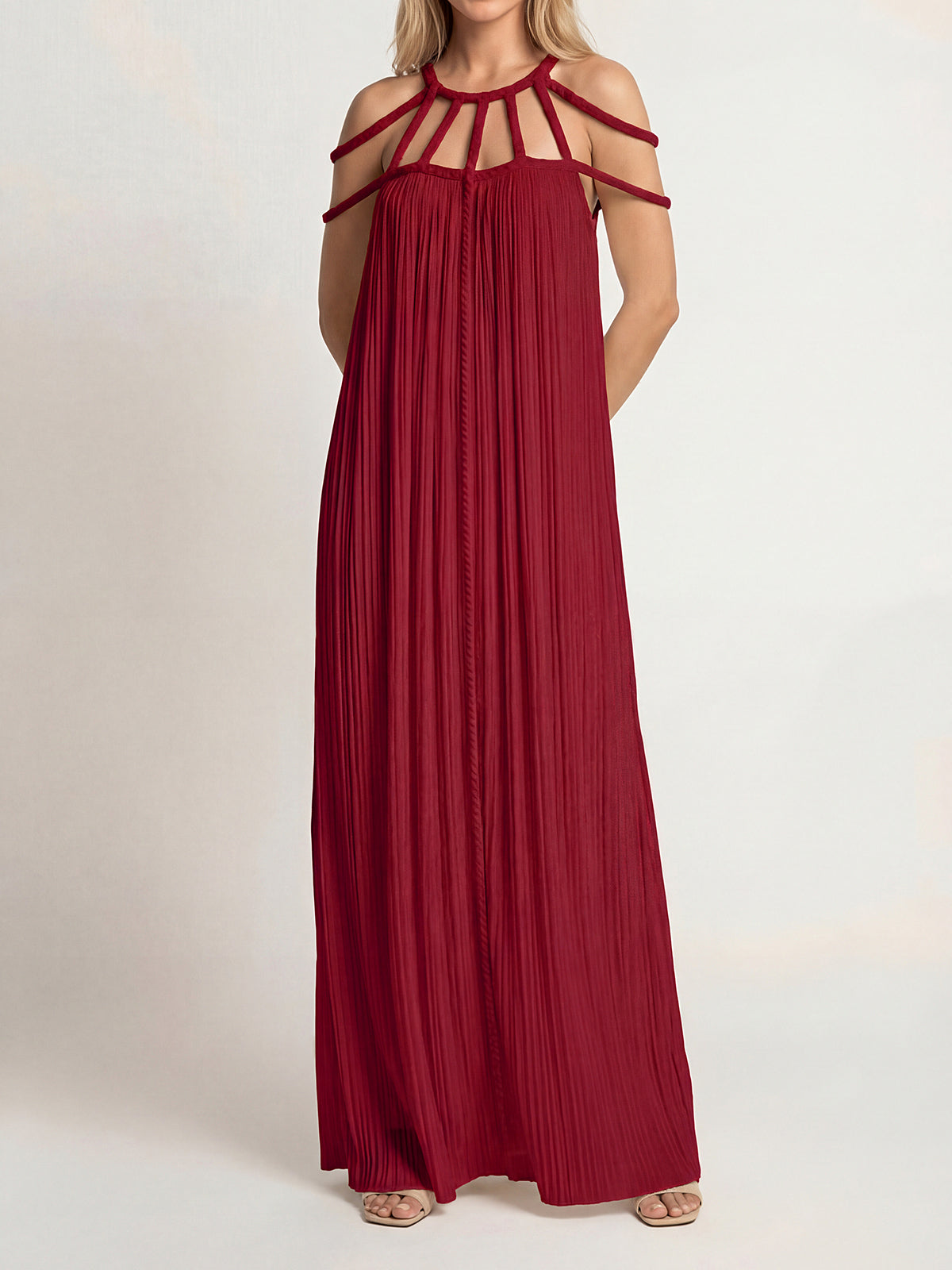 Resort Cage Neck Braided Wrap Tie Cutout Back Pleated Maxi Dress