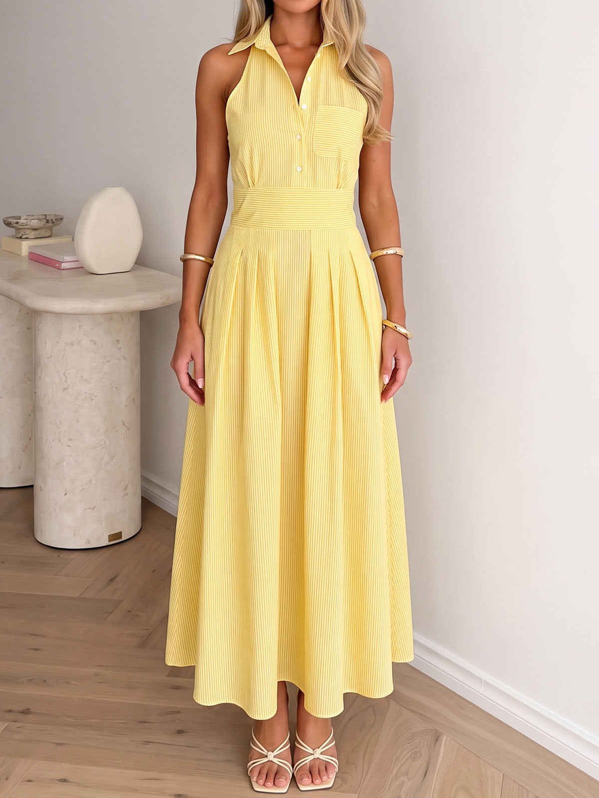 Resort Collared Button Front Sleeveless High Waist Striped Shirt Midi Dress