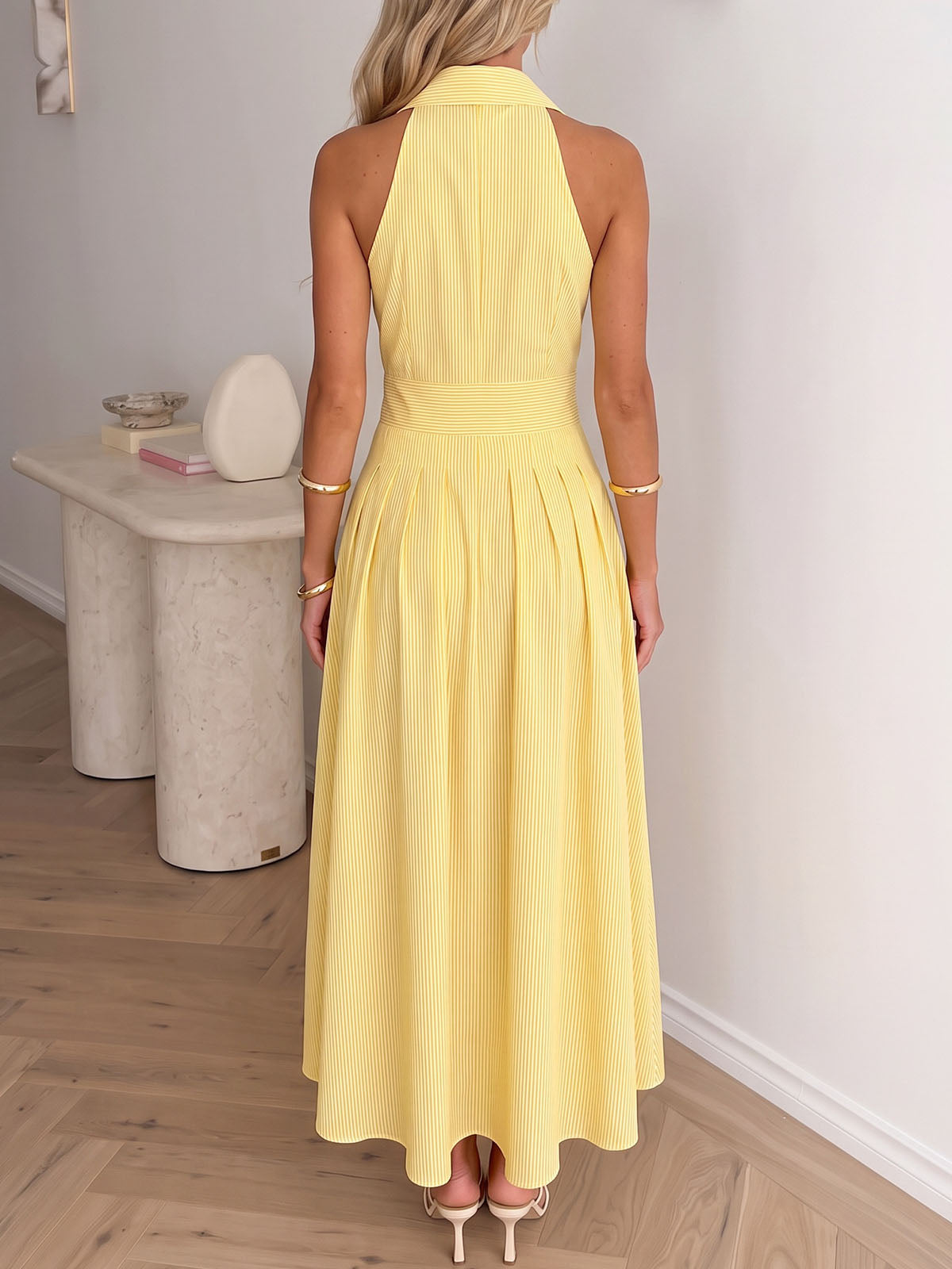 Resort Collared Button Front Sleeveless High Waist Striped Shirt Midi Dress