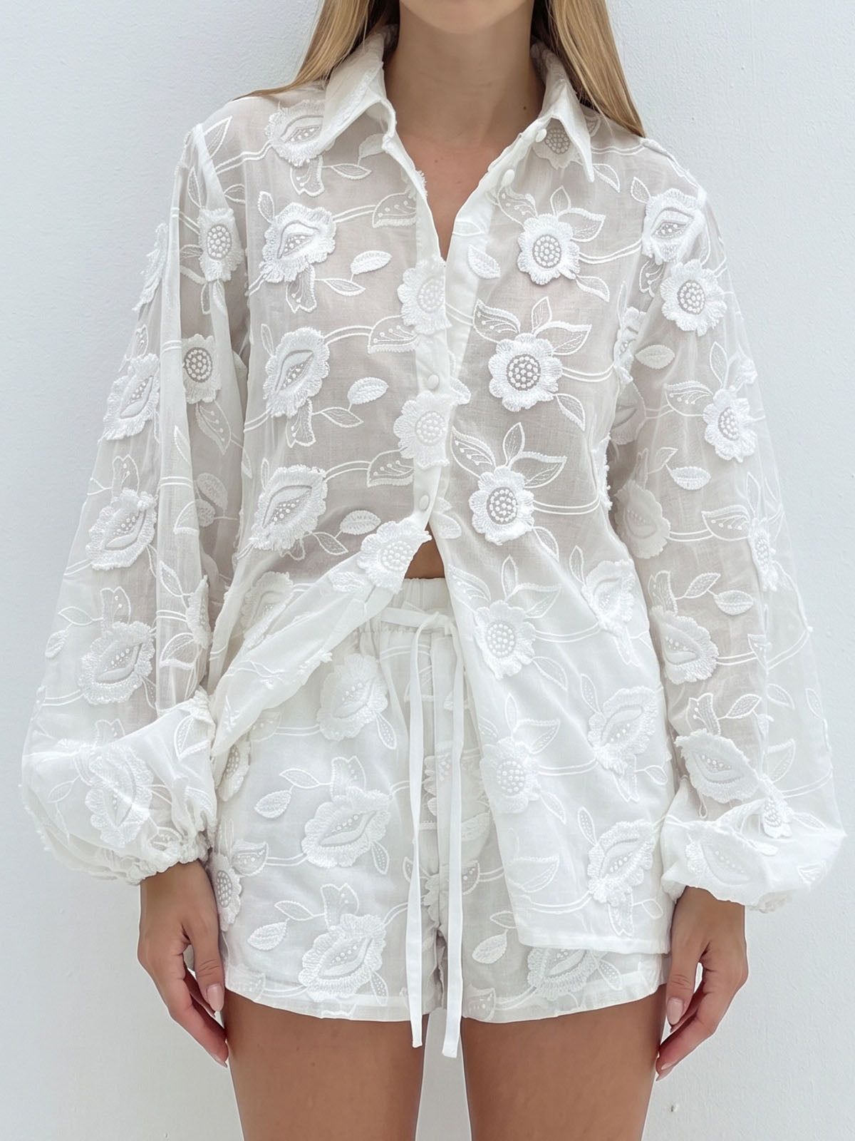 Resort Embroidered Floral Bishop Sleeve Blouse Two Piece Short Set