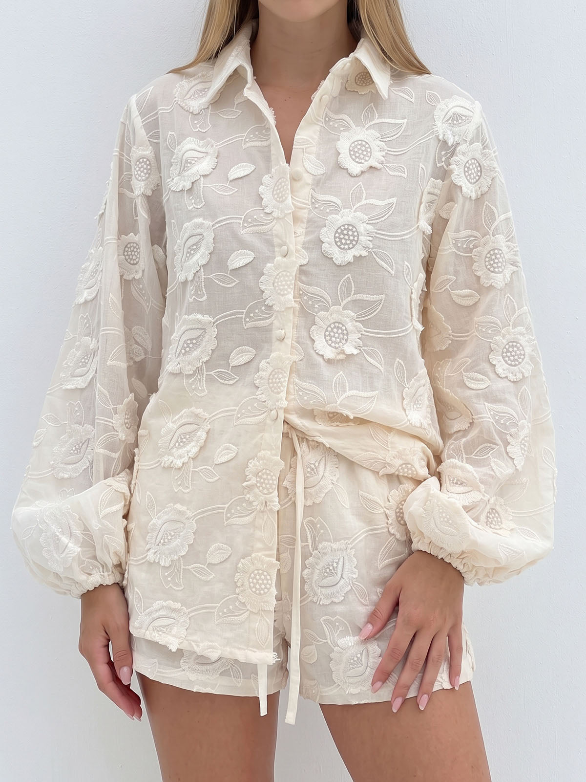 Resort Embroidered Floral Bishop Sleeve Blouse Two Piece Short Set