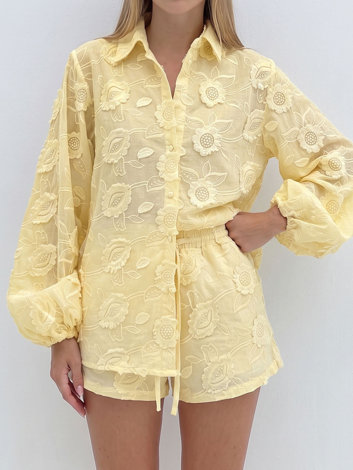 Resort Embroidered Floral Bishop Sleeve Blouse Two Piece Short Set