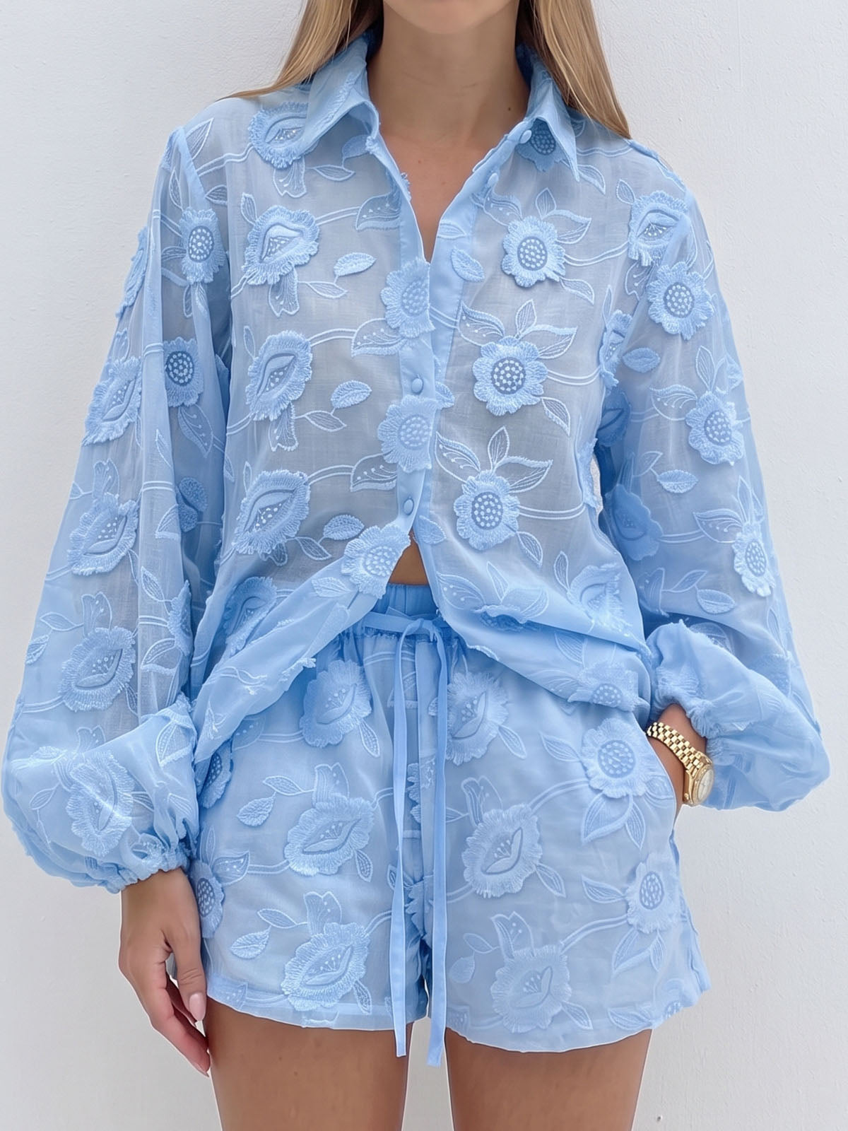 Resort Embroidered Floral Bishop Sleeve Blouse Two Piece Short Set