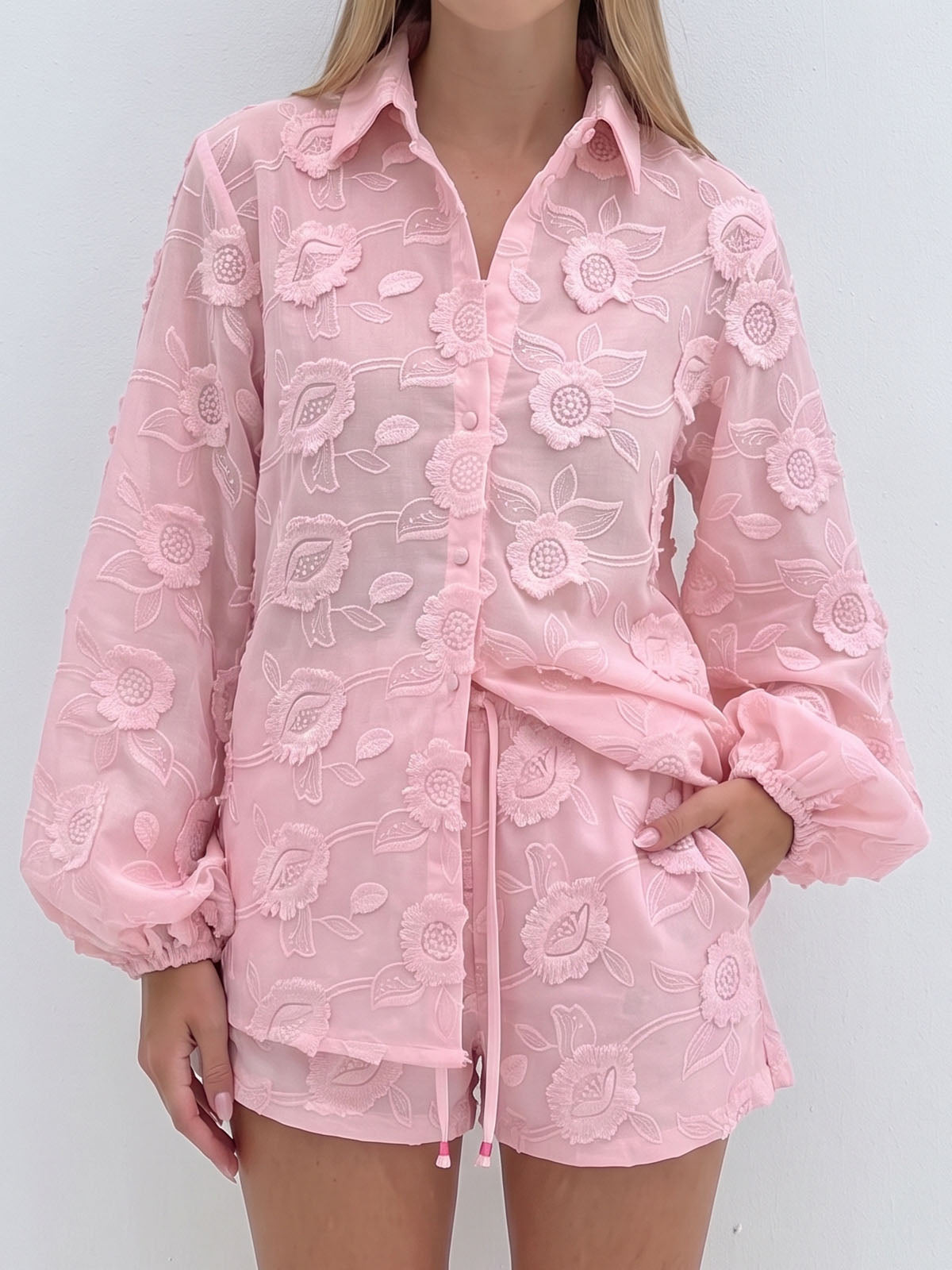 Resort Embroidered Floral Bishop Sleeve Blouse Two Piece Short Set