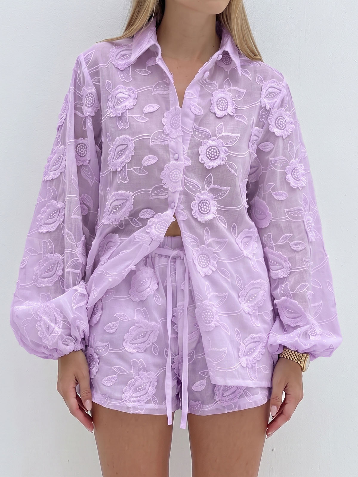 Resort Embroidered Floral Bishop Sleeve Blouse Two Piece Short Set